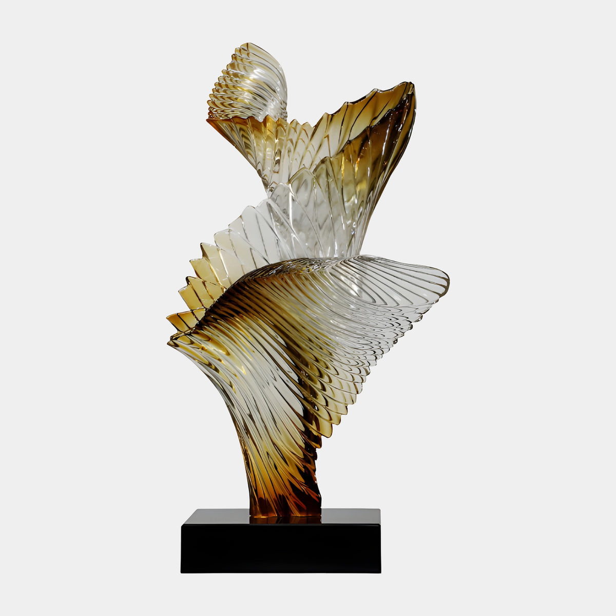 Smoky Amber Fanned Spiral Resin Sculpture, 63cm, with ribbed fan shapes coiling around a stem on a black base, set against a plain white background.