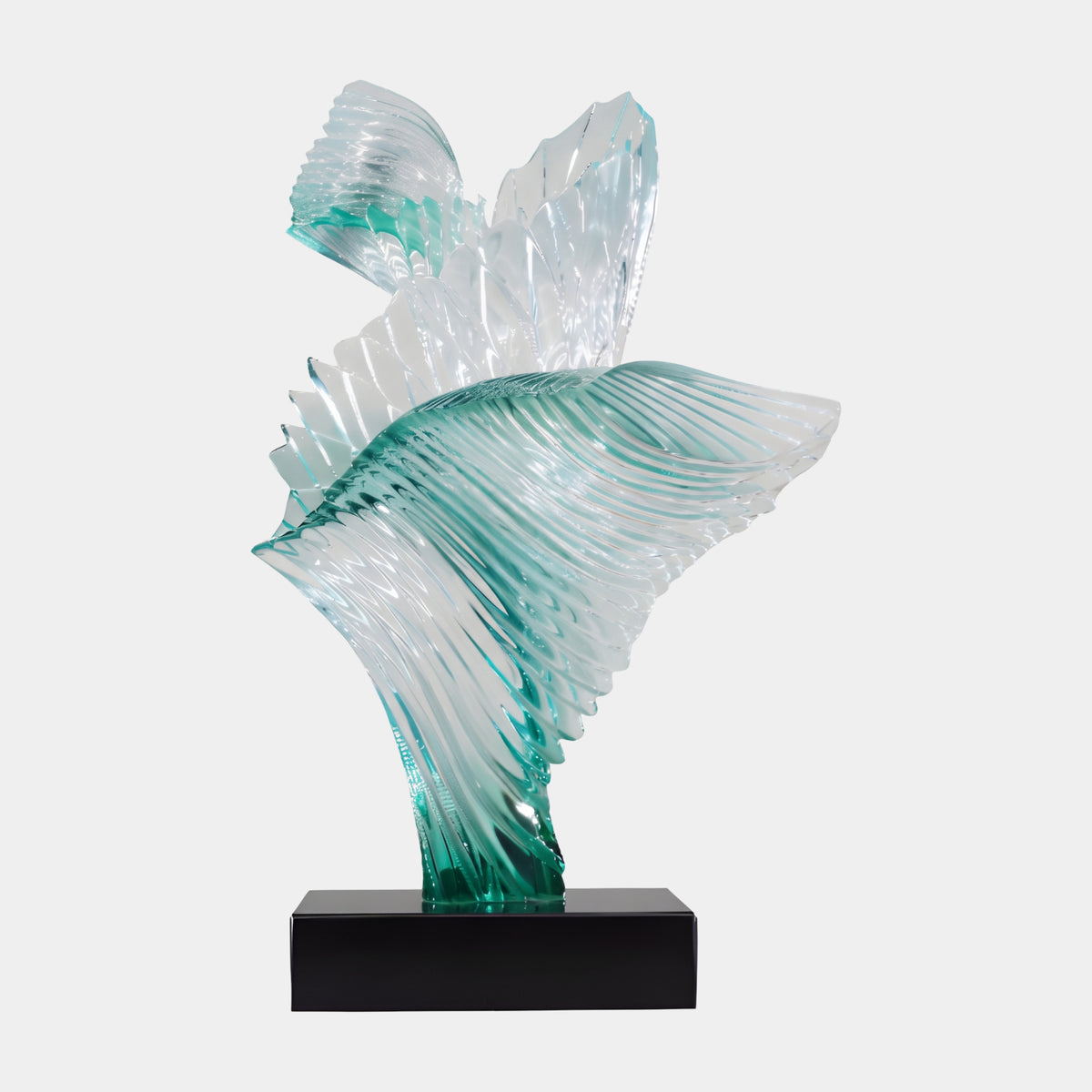 Teal & Clear Twin Ribbed Sheet Cast Resin Sculpture, 76cm, with ribbed fan and cone forms on a black marble base, shown against a plain white background.