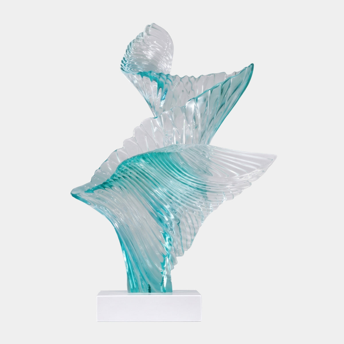 Aqua & Clear Twin Ribbed Sheet Cast Resin Sculpture, 76cm, two ribbed fan-like forms rising from a marble base, on a plain white background.