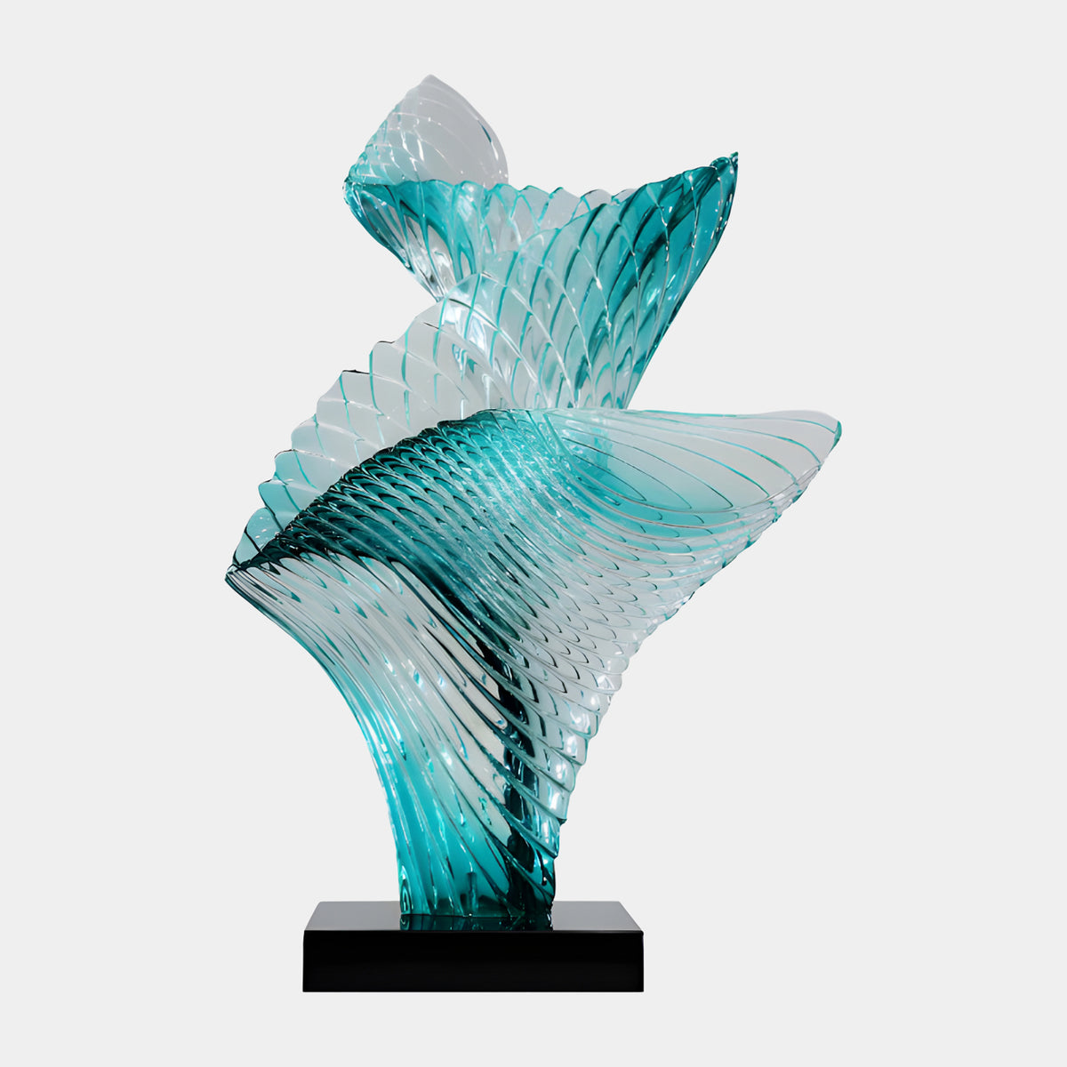 Teal Furled Leaf Resin Sculpture on Marble - 102cm, showing ribbed curling leaf forms in teal and clear resin on a black base against a plain light background.