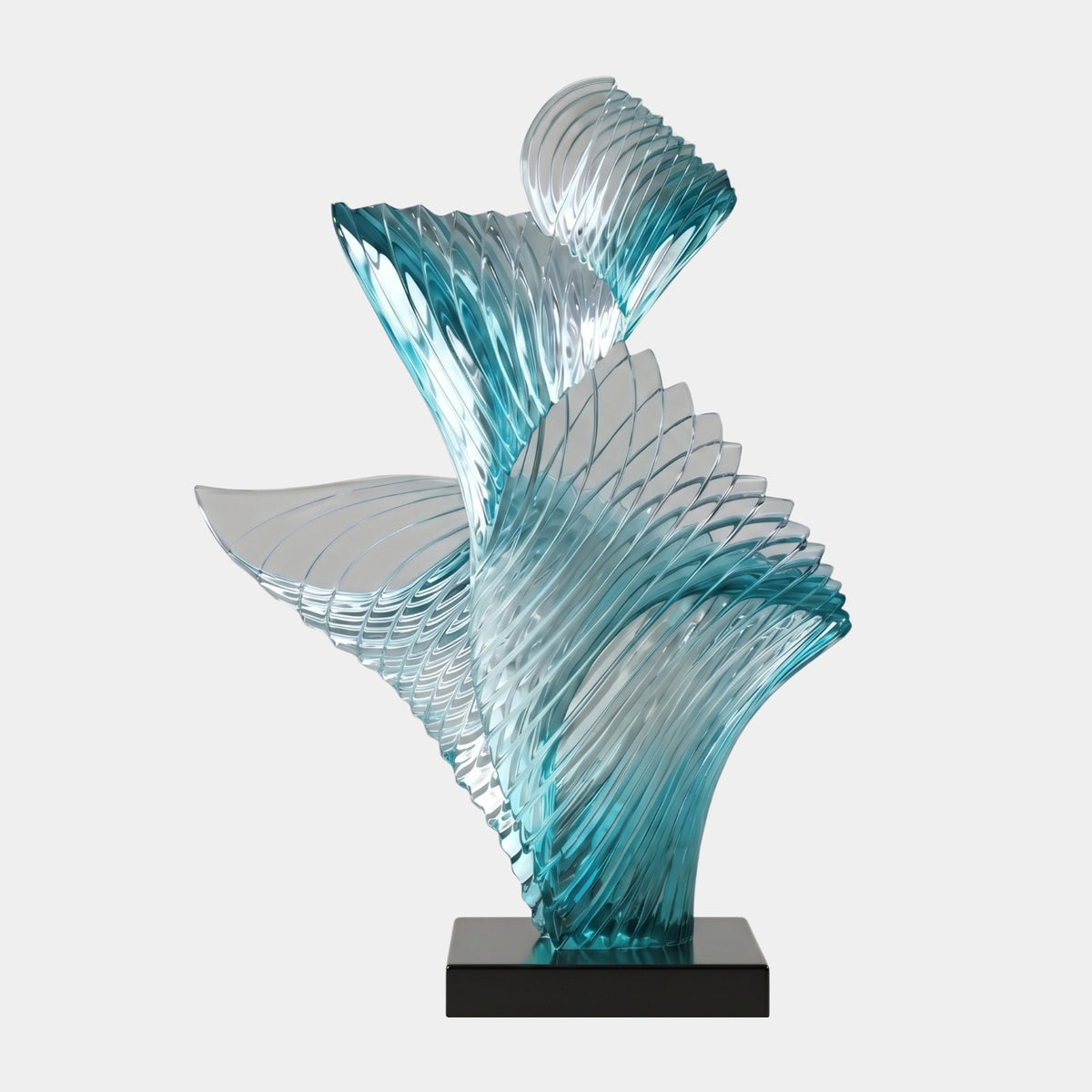 Teal Twin Ribbed Furl Cast Resin Sculpture, 110cm, with ribbed curling sheets on a black marble base, set against a plain white background.