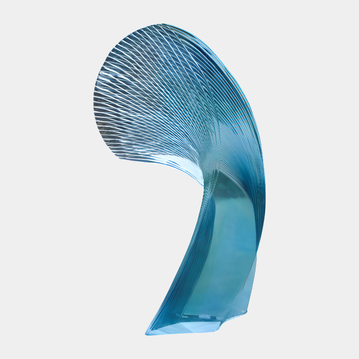 Aqua Combed Fan Blade Resin Sculpture (163cm) with fine grooved curling blade over a twisted foot, smooth deep-aqua base, on a plain white background.