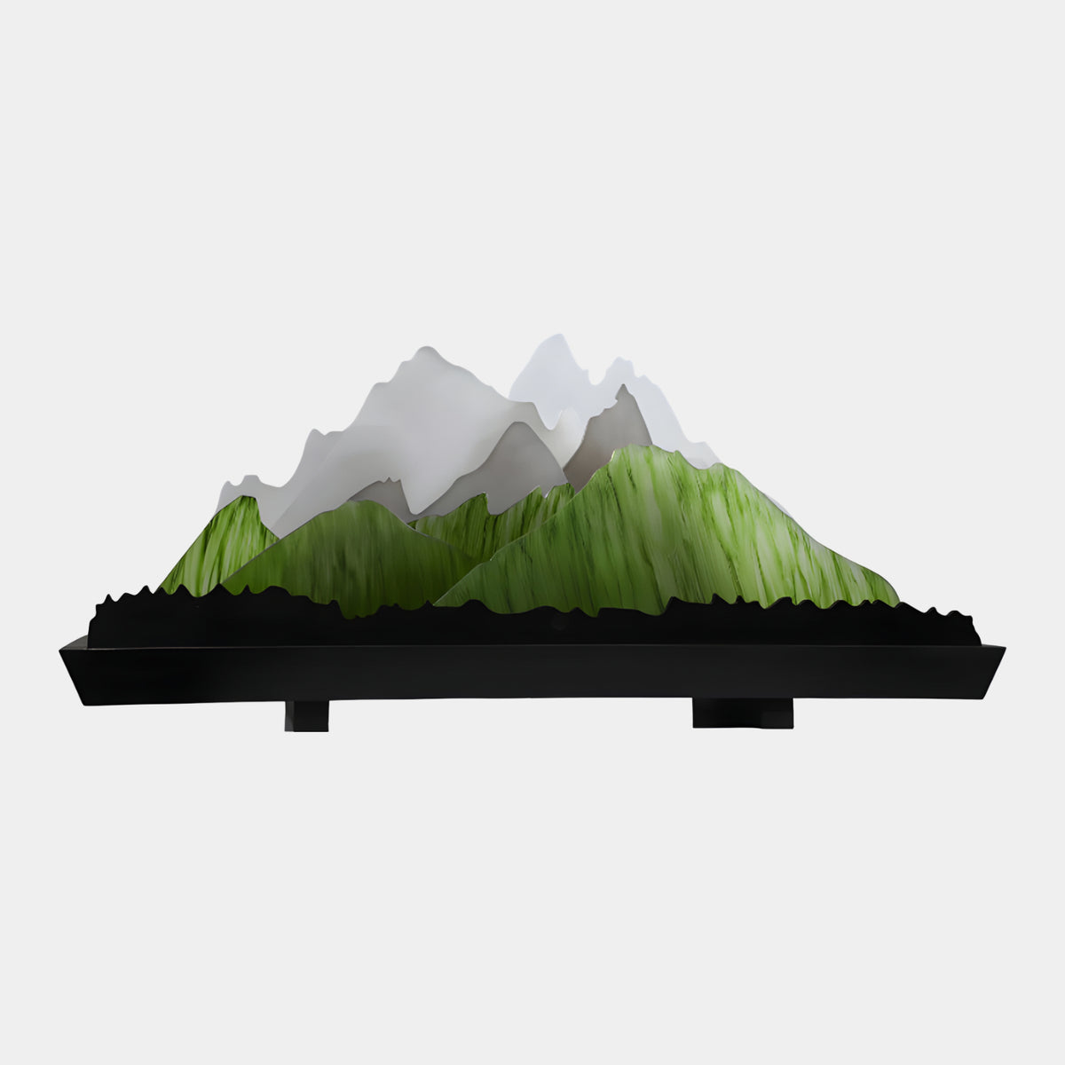 Green Brushed Range Panel Acrylic Sculpture - 100cm, layered mountain panels in green and grey tones set in a dark wood tray, shown on a plain white background.