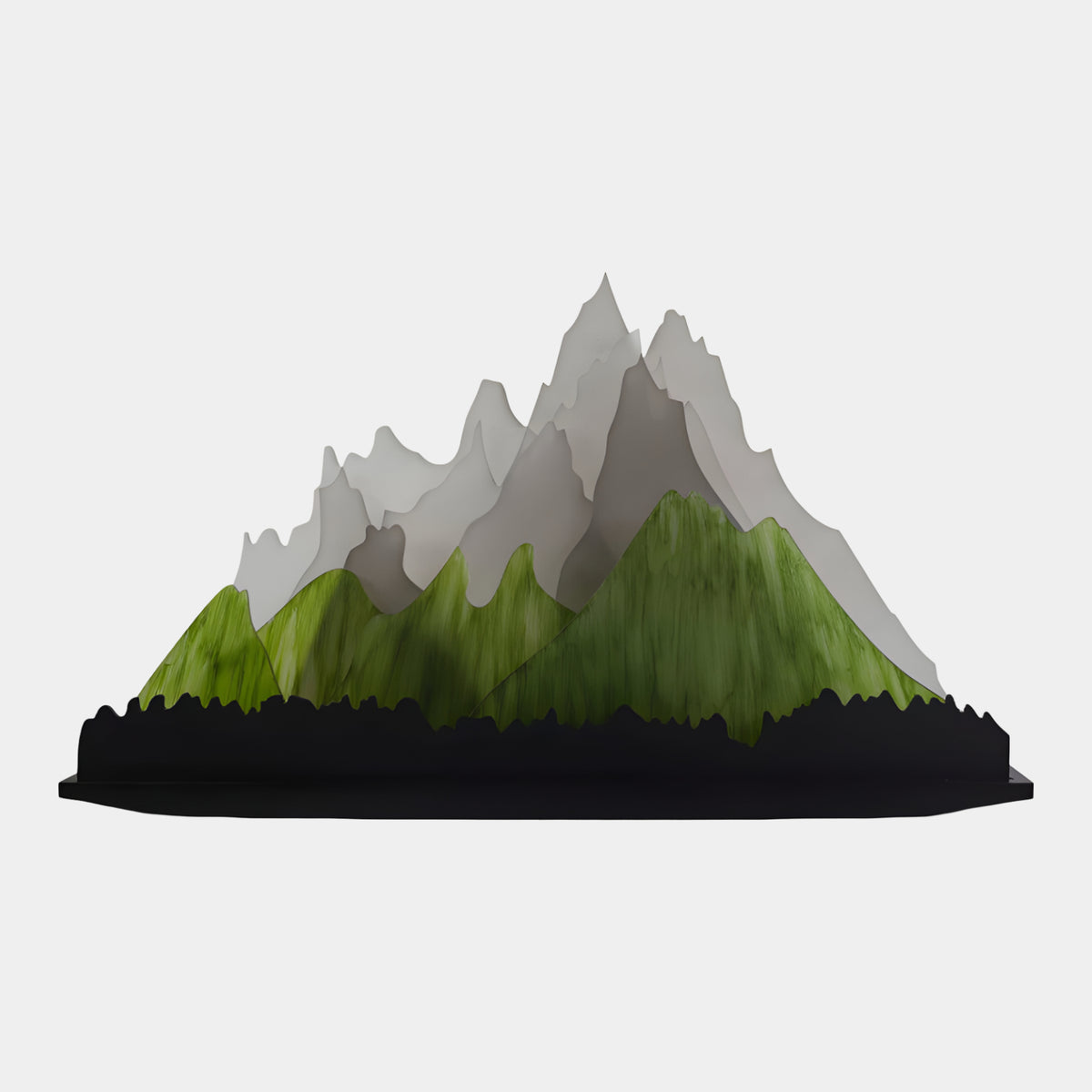 Green & Grey Layered Mountain Acrylic Sculpture - 90cm, layered acrylic peaks in green and grey on a black wooden base, set against a plain white background.
