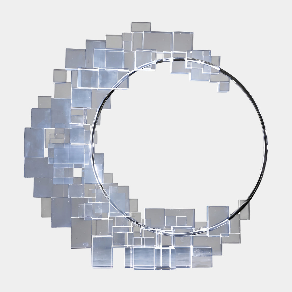 Blue & Silver Blockwork Crescent Moon Acrylic Sculpture, 75cm, with clear and pale blue acrylic blocks massed around a thin metal ring on a plain white background.