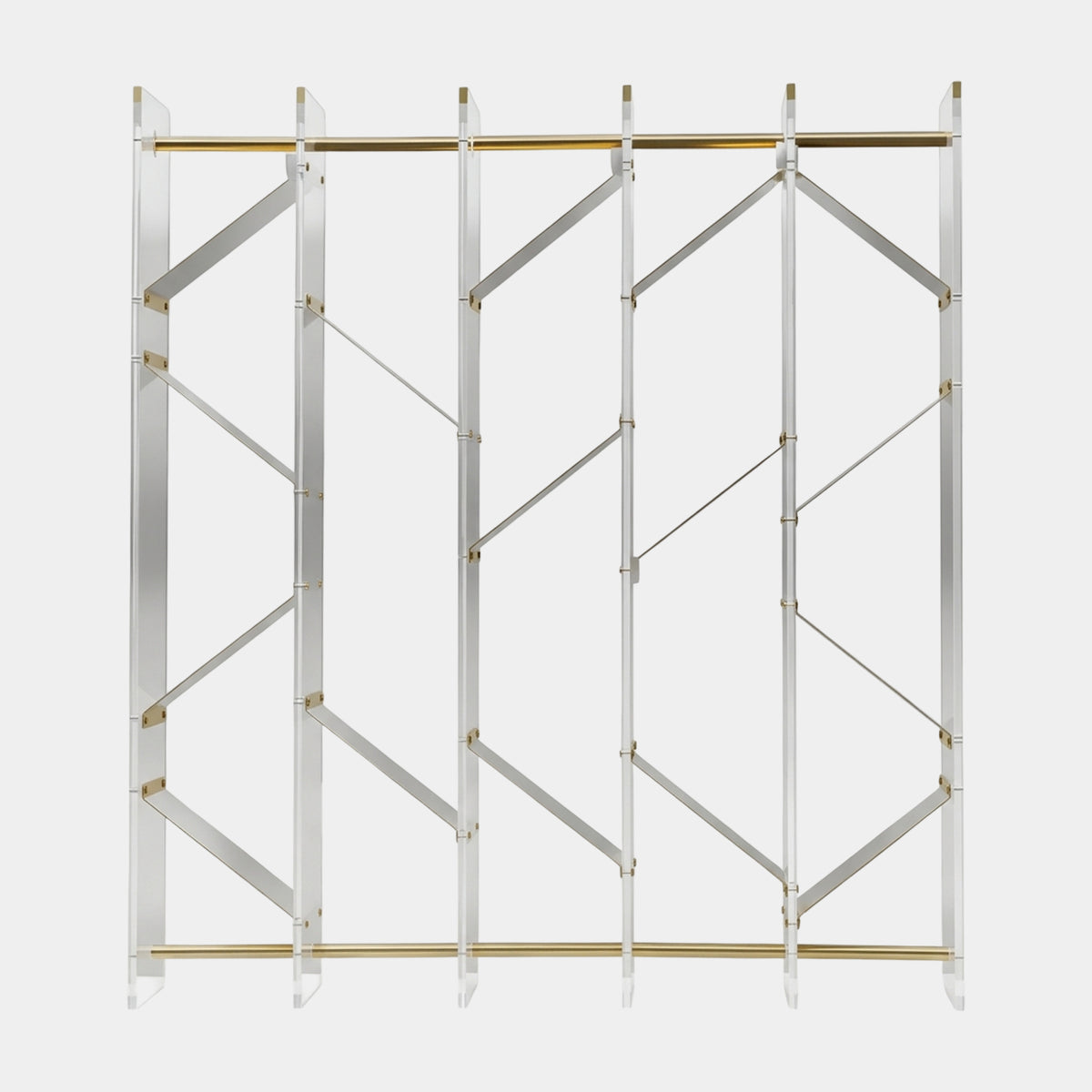 Clear & Gold Braced Five-Bay Acrylic Frame Sculpture, 200cm, with gold-toned rails and diagonal braces across five bays, on a plain white background.