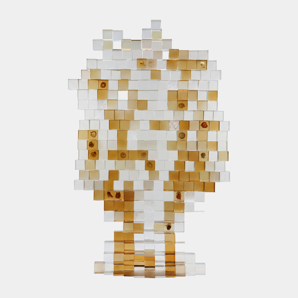 Amber & Clear Pixel Cube Tree Acrylic & Resin Sculpture, 204cm, with stacked amber and clear cube blocks forming a tree shape on a narrow trunk, shown on a plain white background.
