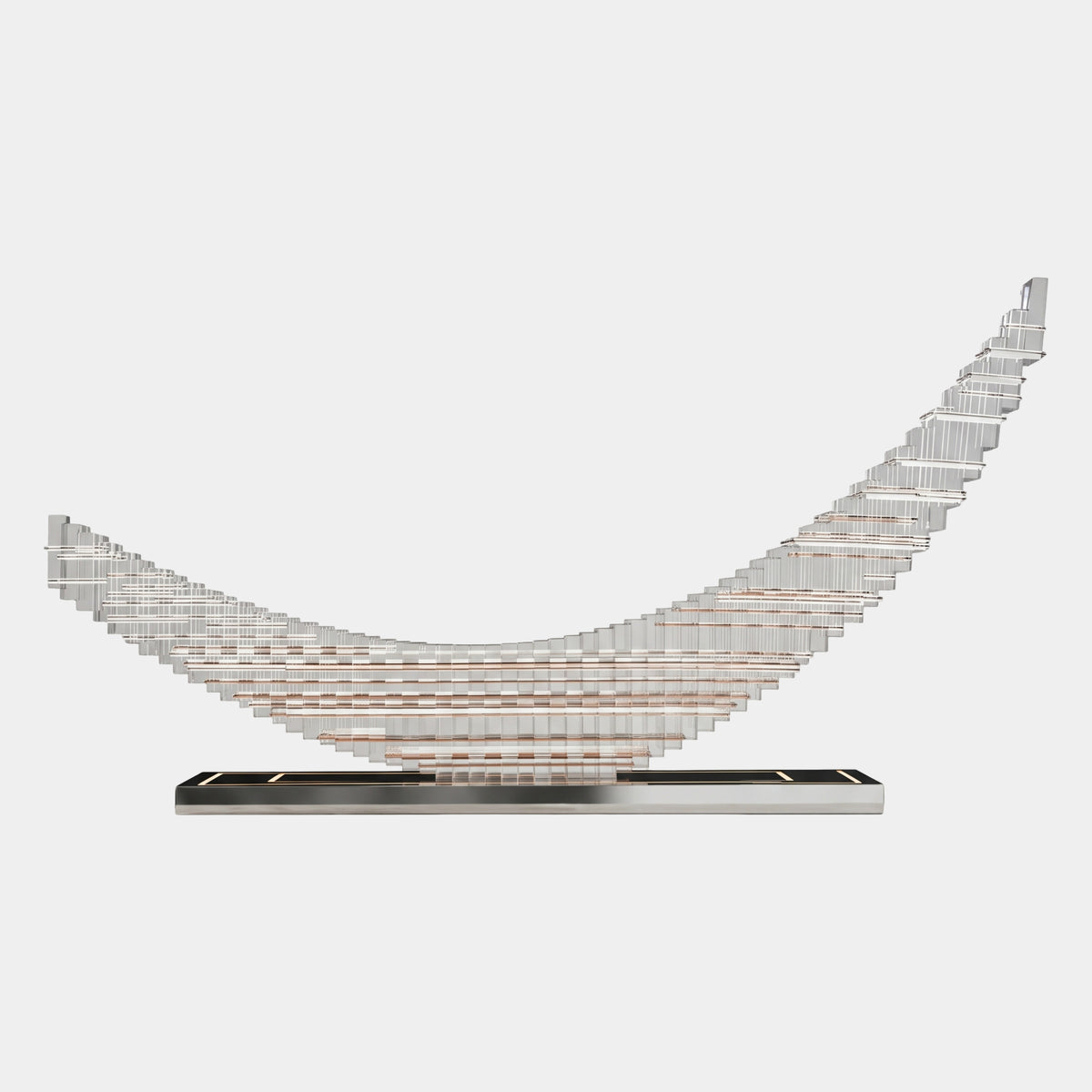 Clear Layered Crescent Acrylic Sculpture on Steel - 180cm, a terraced crescent of clear acrylic sheets on a polished stainless steel base, shown on a plain light background.