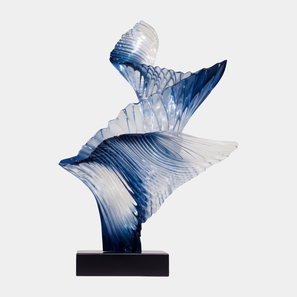 Navy & Clear Twin Ribbed Sheet Cast Resin Sculpture, 76cm, with two finely ribbed fan-like forms on a black base, set against a plain white background.