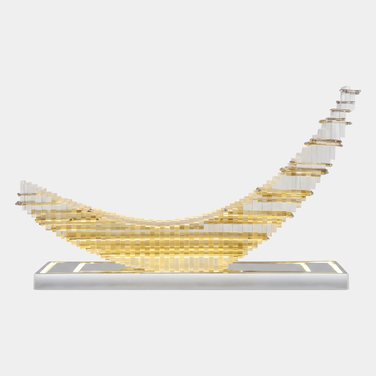 Clear Blockwork Crescent Moon Acrylic Sculpture - 70cm, stepped clear acrylic blocks forming a crescent on a long metal base with an illuminated strip, shown on a plain white background.