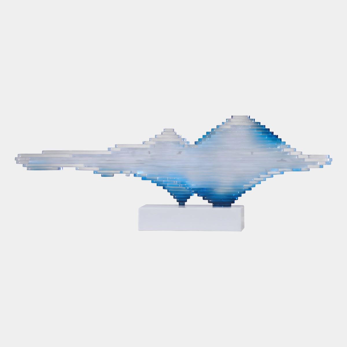 Blue & Clear Layered Twin Peak & Reflection Acrylic Sculpture - 75cm, stacked acrylic sheets forming twin peaks with blue-edged reflection below, on a white base against a plain light background.