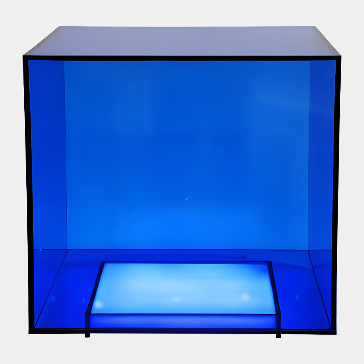Blue Lit Cube Acrylic Sculpture (60cm) by Giant Sculptures, an open blue-tinted acrylic cube with dark edges and a glowing light panel at its base, on a plain white background.