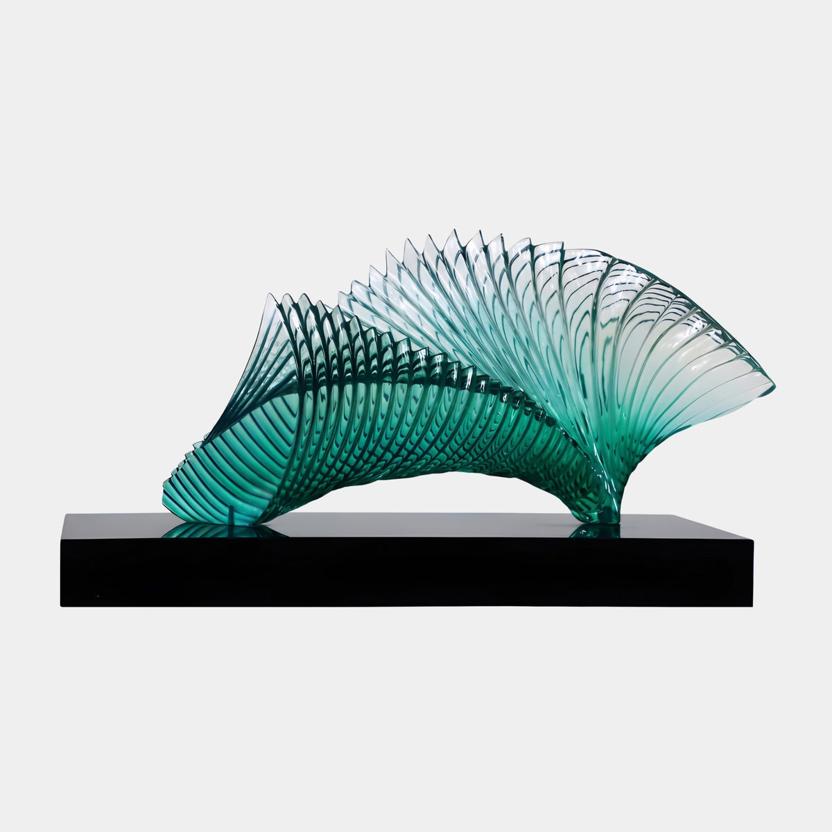 Turquoise Ribbed Opening Fan Resin Sculpture (100cm) by Giant Sculptures, gathered ribs opening into a broad fan on a black marble base, set against a plain light background.