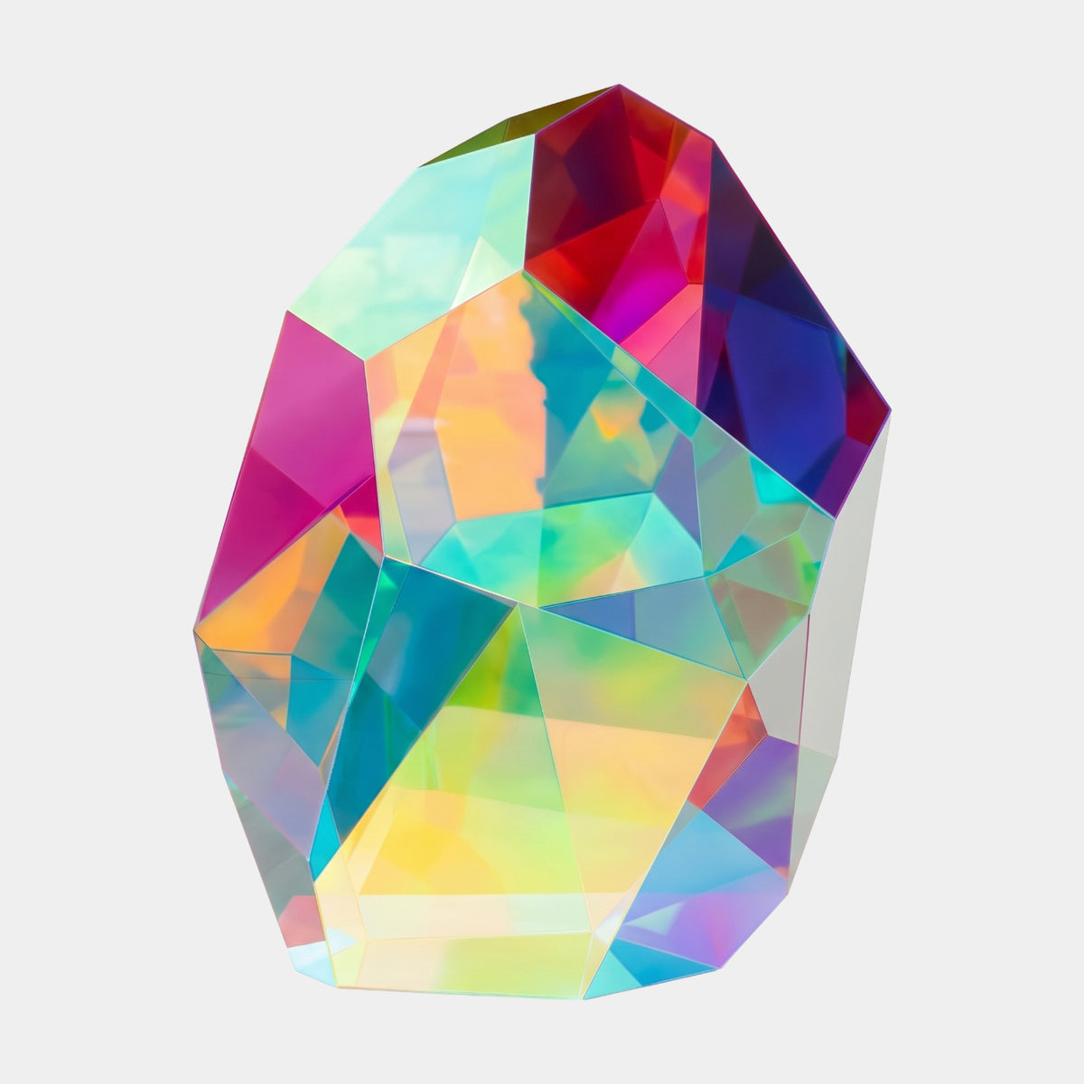Multi-Colour Monumental Faceted Gem Acrylic Sculpture - 150cm, a faceted acrylic block in magenta, red, blue, teal and amber tones with a domed top, shown on a plain white background.