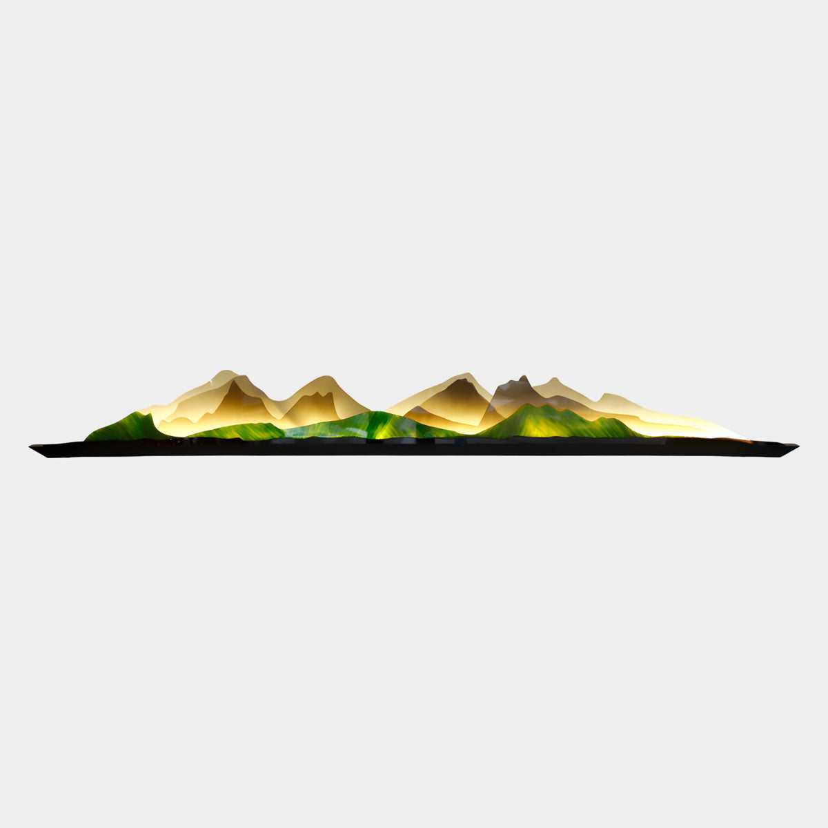Giant Sculptures' Green & Gold Lit Skyline Acrylic Sculpture (230cm), a long low mountain range on a dark wood base, with glowing cream-gold peaks and streaked green foothills, on a plain light background.