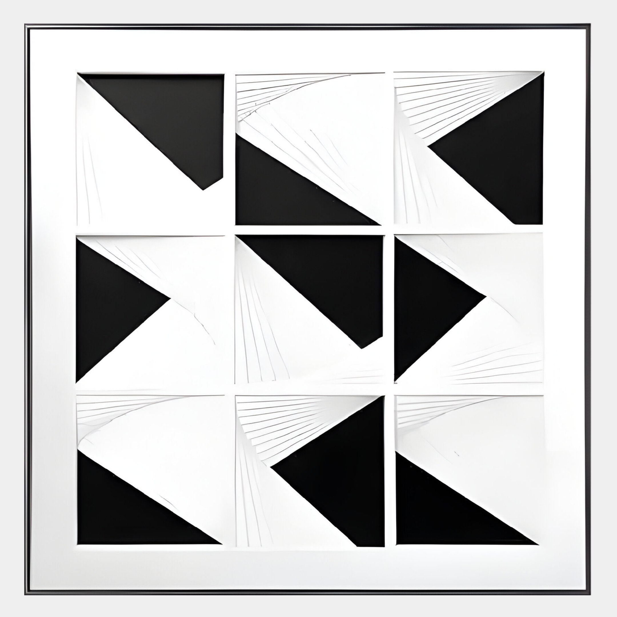 Giant Sculptures’ Prismatics Black & White Geometric Cardboard Carving Wall Art features a 3x3 grid of bold abstract shapes and intersecting lines—ideal for modern minimalist décor.