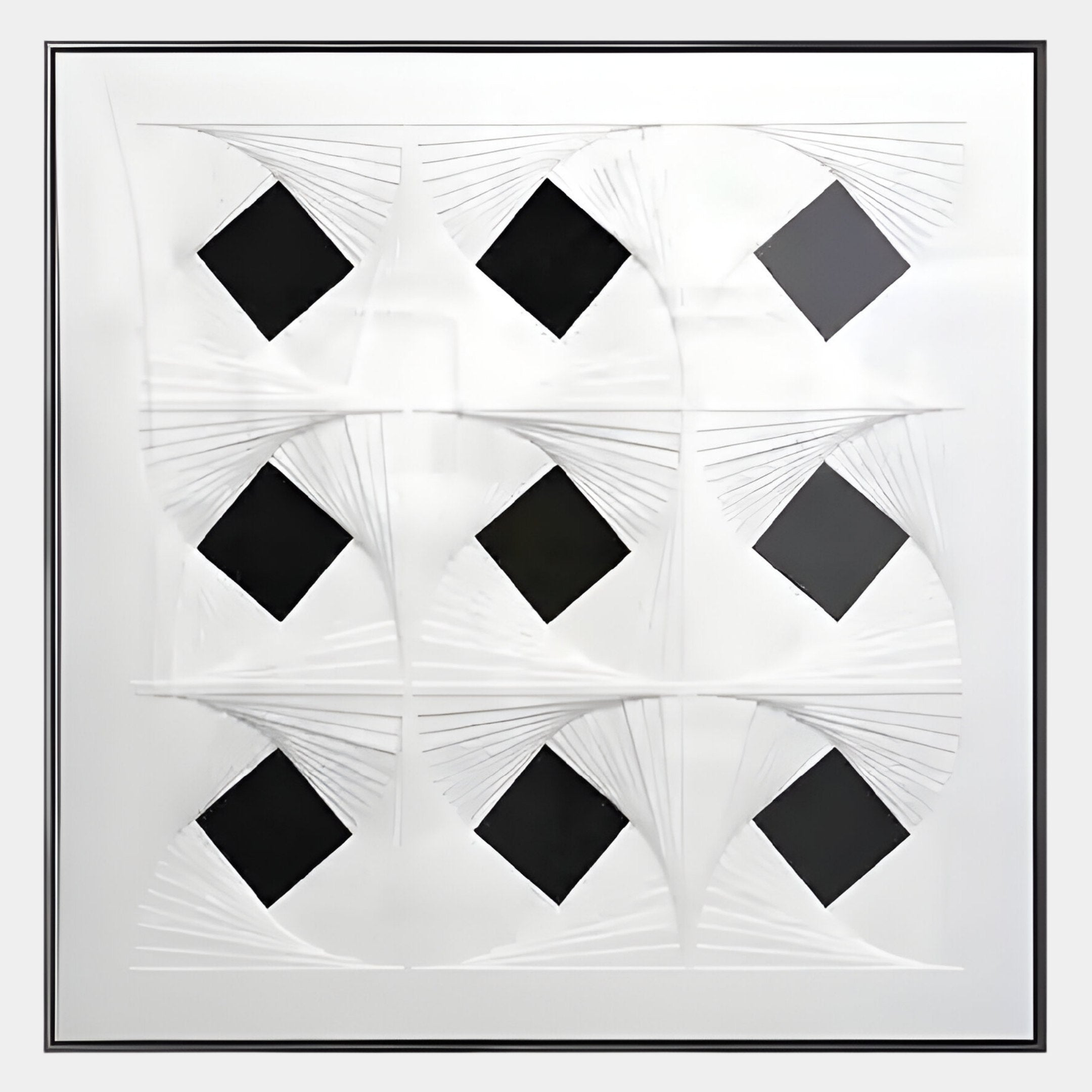 The Prismatics Black Diamond Patterned Cardboard Carving Wall Art by Giant Sculptures showcases nine diamond shapes in a grid on white, with raised curved lines for dynamic texture—ideal for modern décor.