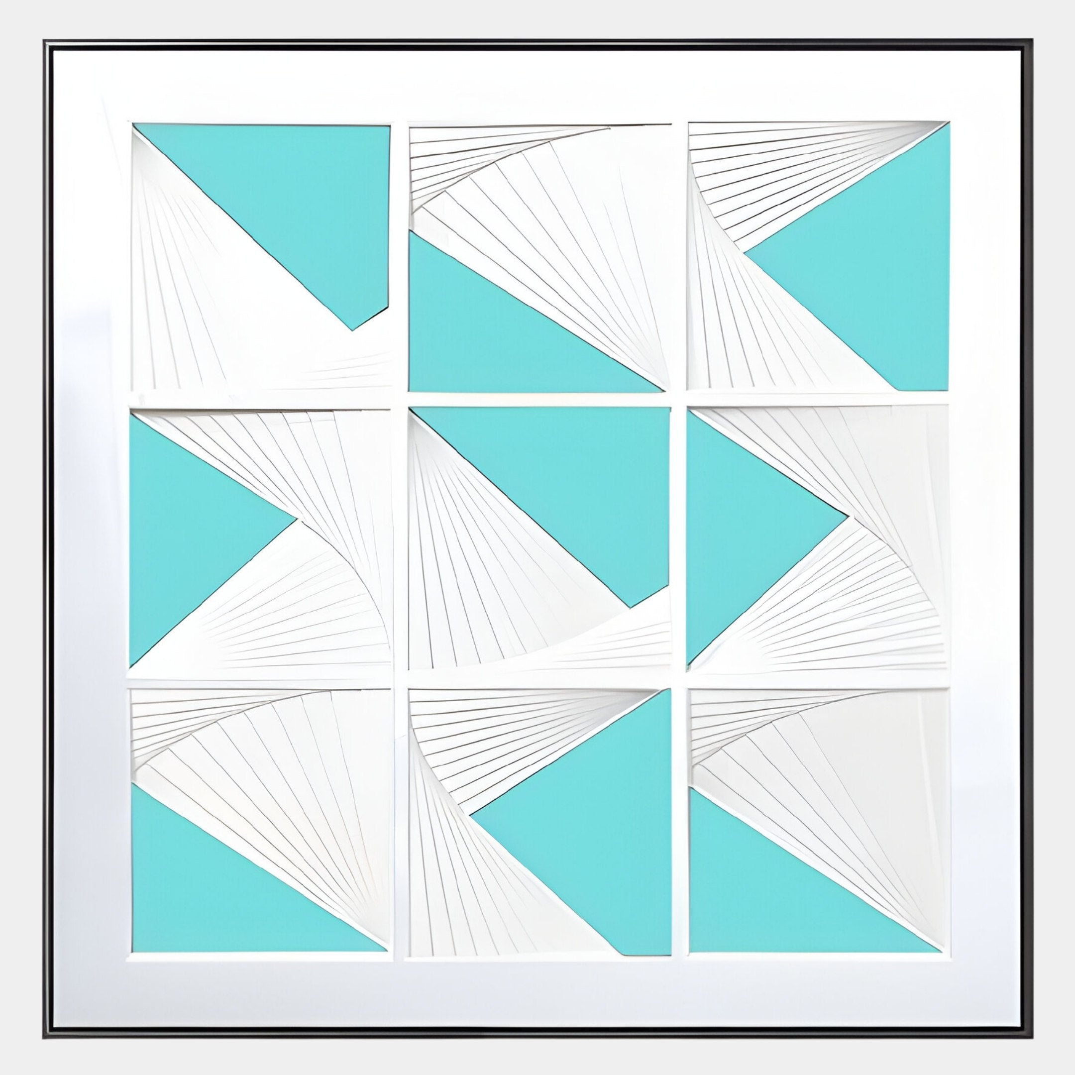 Prismatics Turquoise Geometric Cardboard Carving Wall Art by Giant Sculptures features a 3x3 grid of white squares with cutouts revealing turquoise and radiating white lines. Framed in white with a black outline—perfect as striking contemporary wall art.
