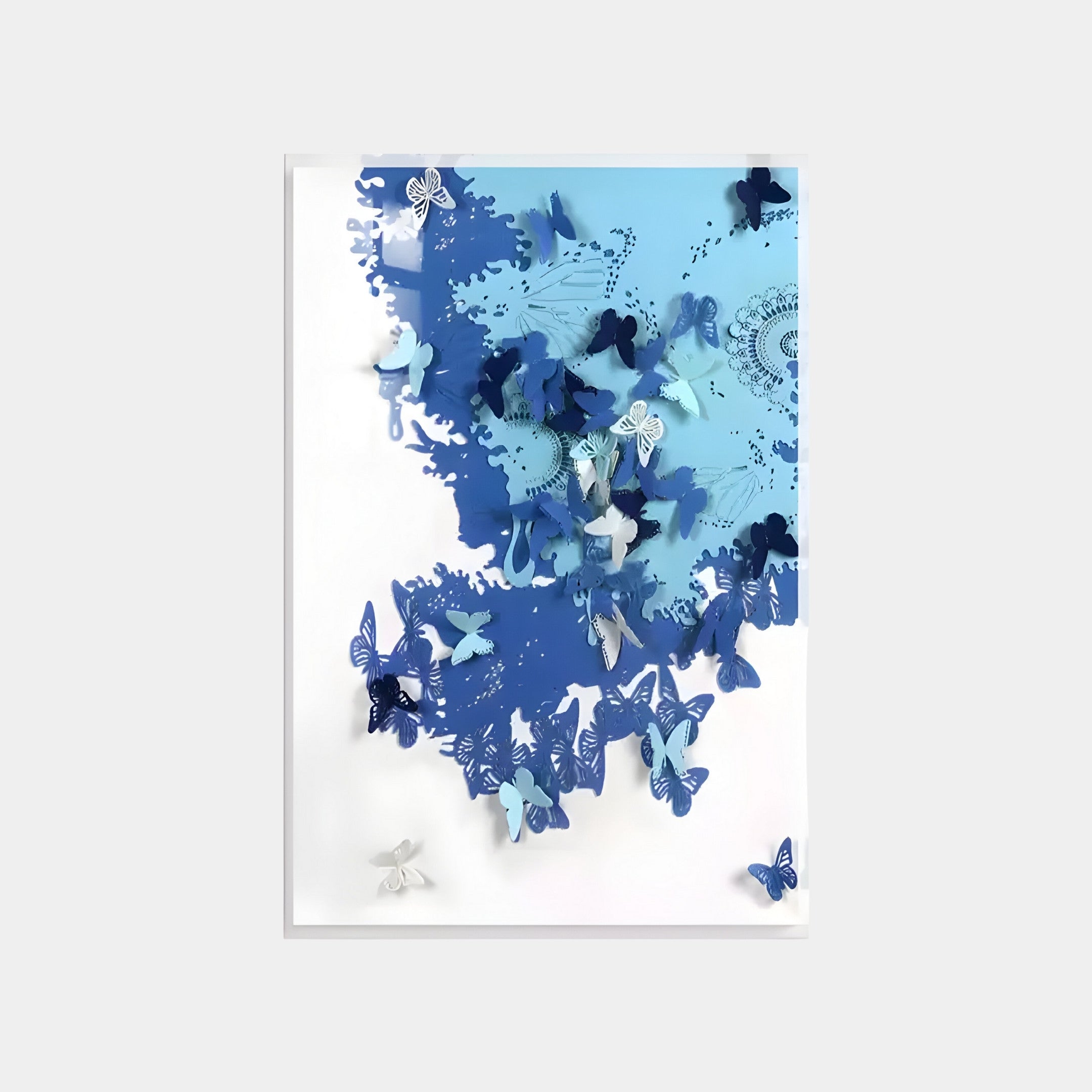 The Luminara Blue I Butterfly Paper 3D Wall Art by Giant Sculptures features a Nordic design with three-dimensional blue butterflies. They appear to emerge from an abstract blue and white background on a rectangular canvas, offering a captivating varied-size display.