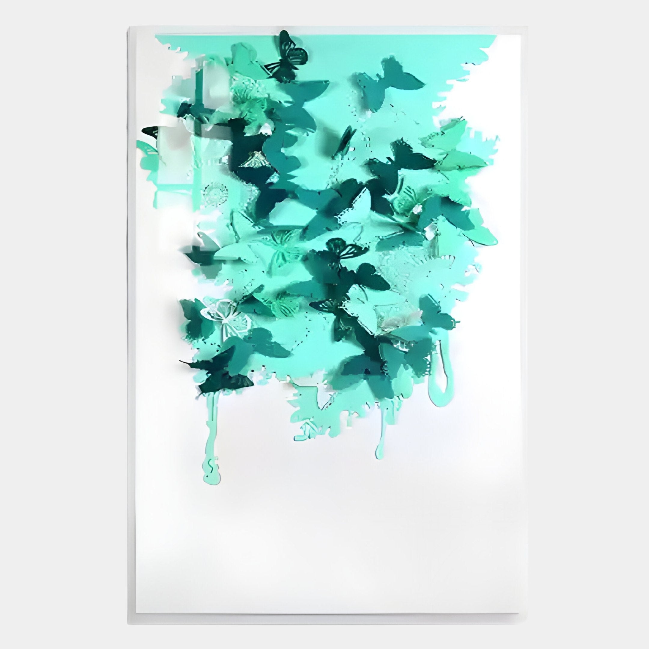 The Luminara Green II Butterfly Paper 3D Wall Art by Giant Sculptures features teal and turquoise butterflies layered over matching paint splashes on a white canvas, creating a handmade 3D effect of butterflies emerging from the background.