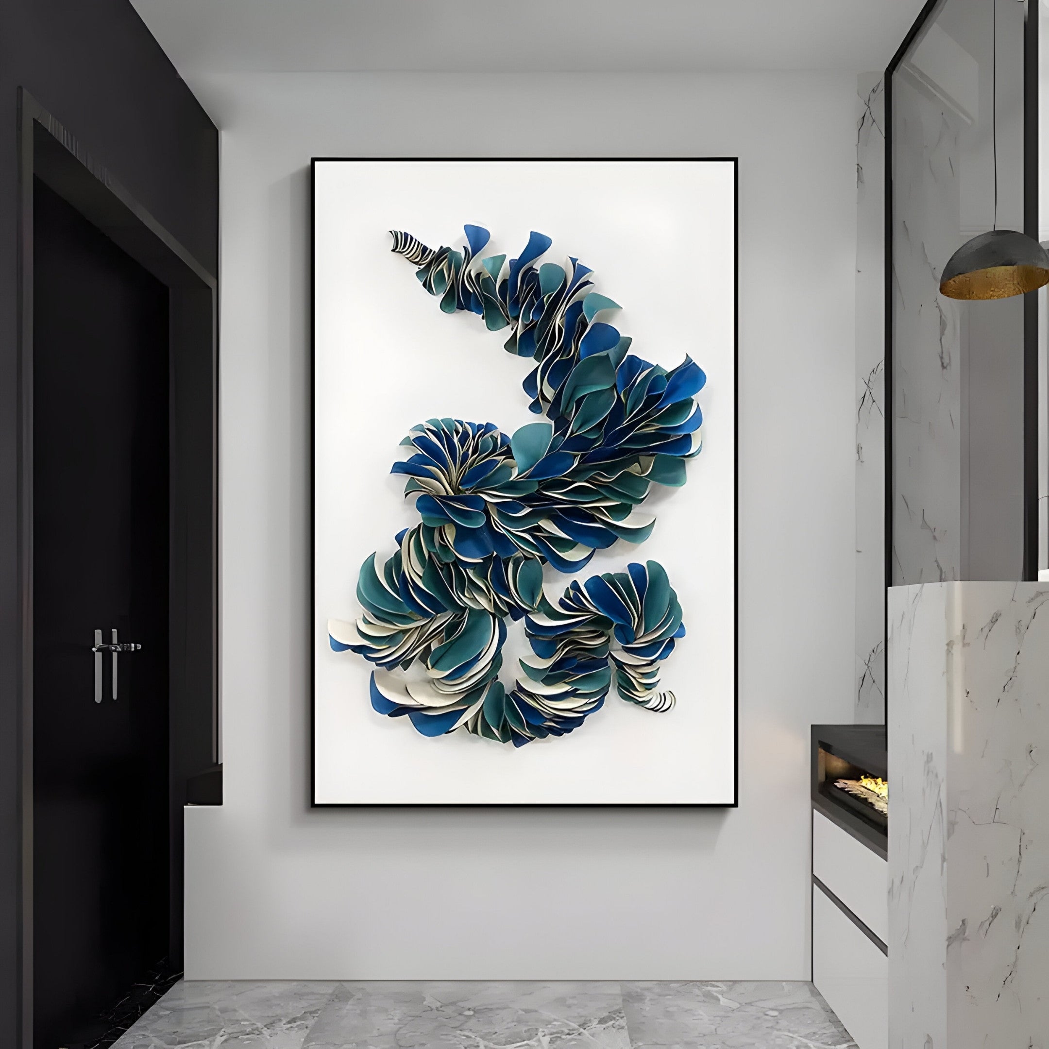 Giant Sculptures Aeriform Blue Whirl Leather Abstract Wall Art features layered blue, teal, and white petal-like shapes. It enhances modern spaces with marble fireplaces, white walls, and black accent walls with doors, perfectly complementing contemporary interiors.