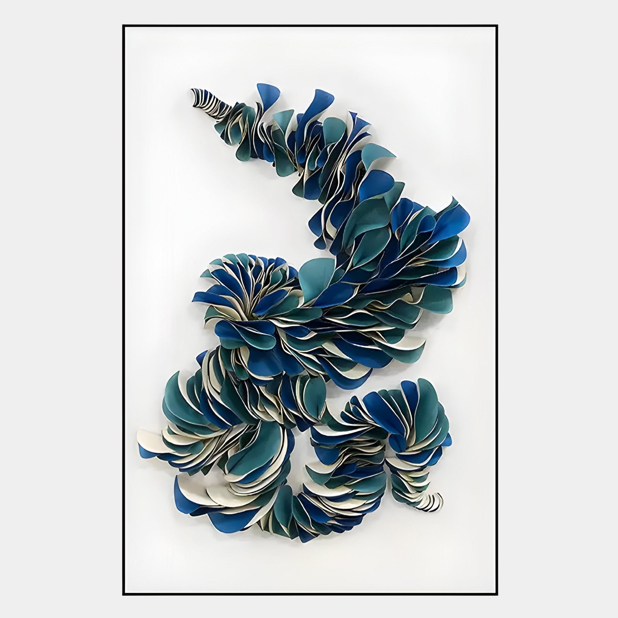 The Aeriform Blue Whirl Leather Abstract Wall Art by Giant Sculptures features layered, petal-like forms in blue, teal, and white, creating a flowing 3D abstract pattern against a white background.