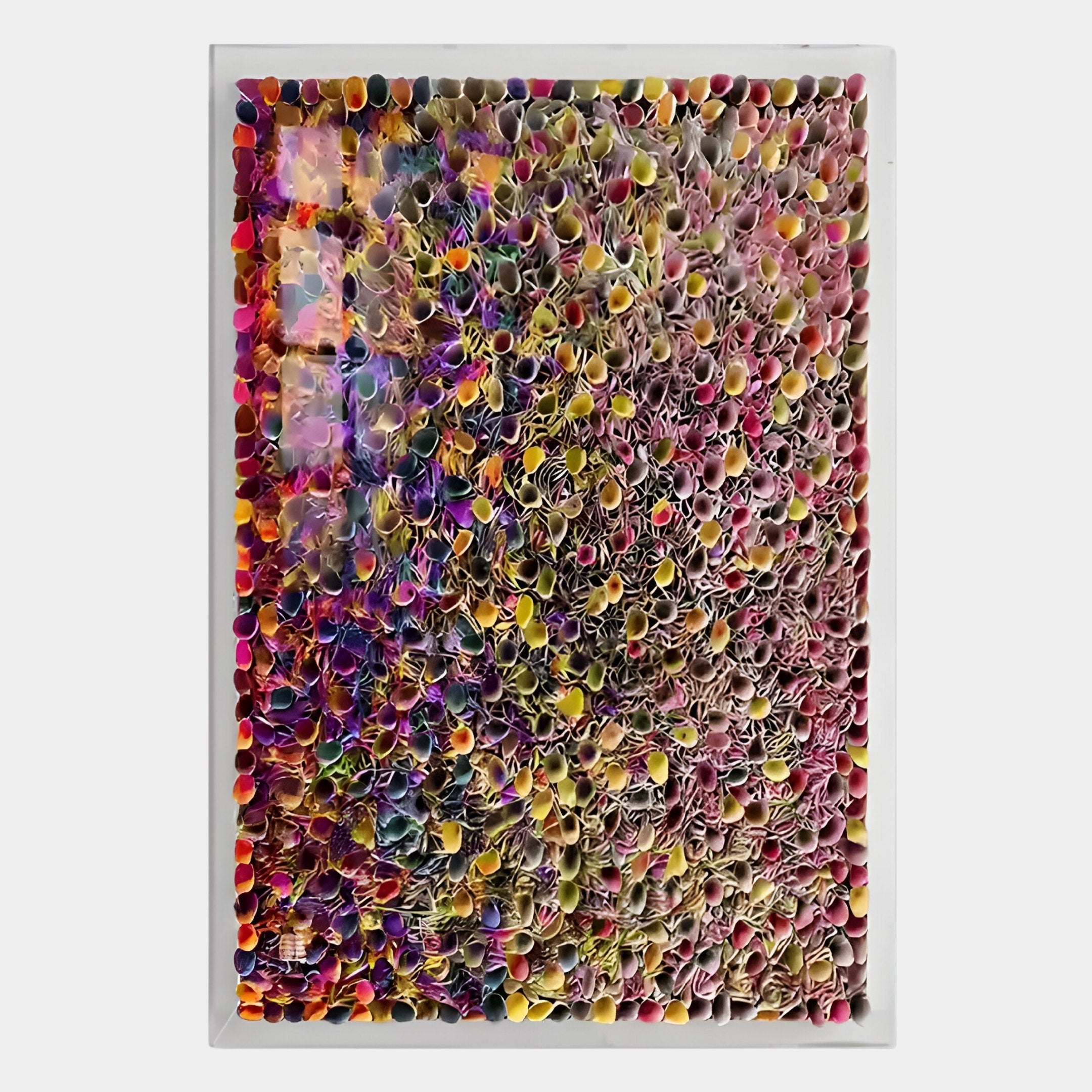 The Chromatica Vertical Multicoloured Gradient Rolled Paper 3D Wall Art by Giant Sculptures features hundreds of vibrant tubes in yellow, pink, purple, and orange, expertly arranged for a stunning gradient and textured three-dimensional effect.