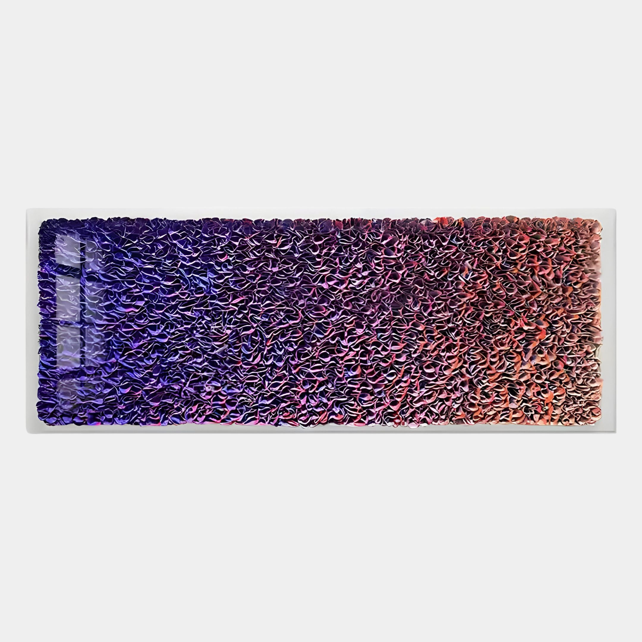 The Chromatica Rectangular Vibrant Purple Gradient Paper 3D Wall Art by Giant Sculptures features dense, wavy patterns in blue and reddish-orange—perfect for adding a modern touch to contemporary interiors.