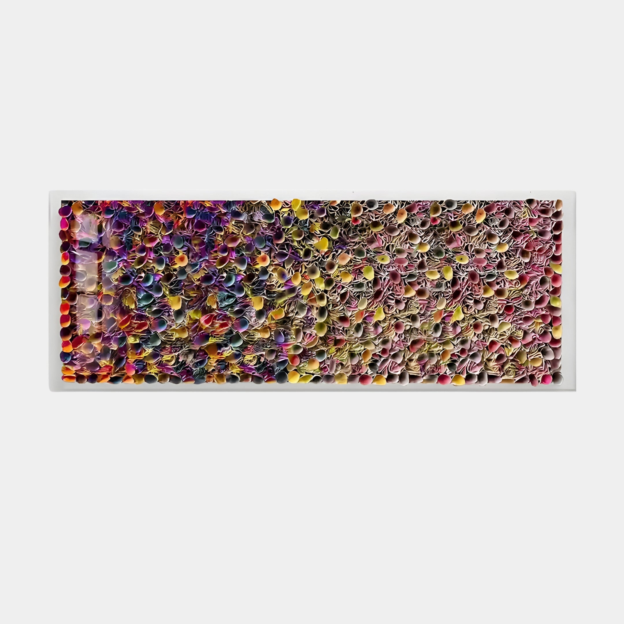 The Chromatica Rectangular Multicoloured Gradient Rolled Paper 3D Wall Art by Giant Sculptures features a grid of vibrant circular shapes with hues of purple, yellow, red, and blue, creating a textured abstract effect.