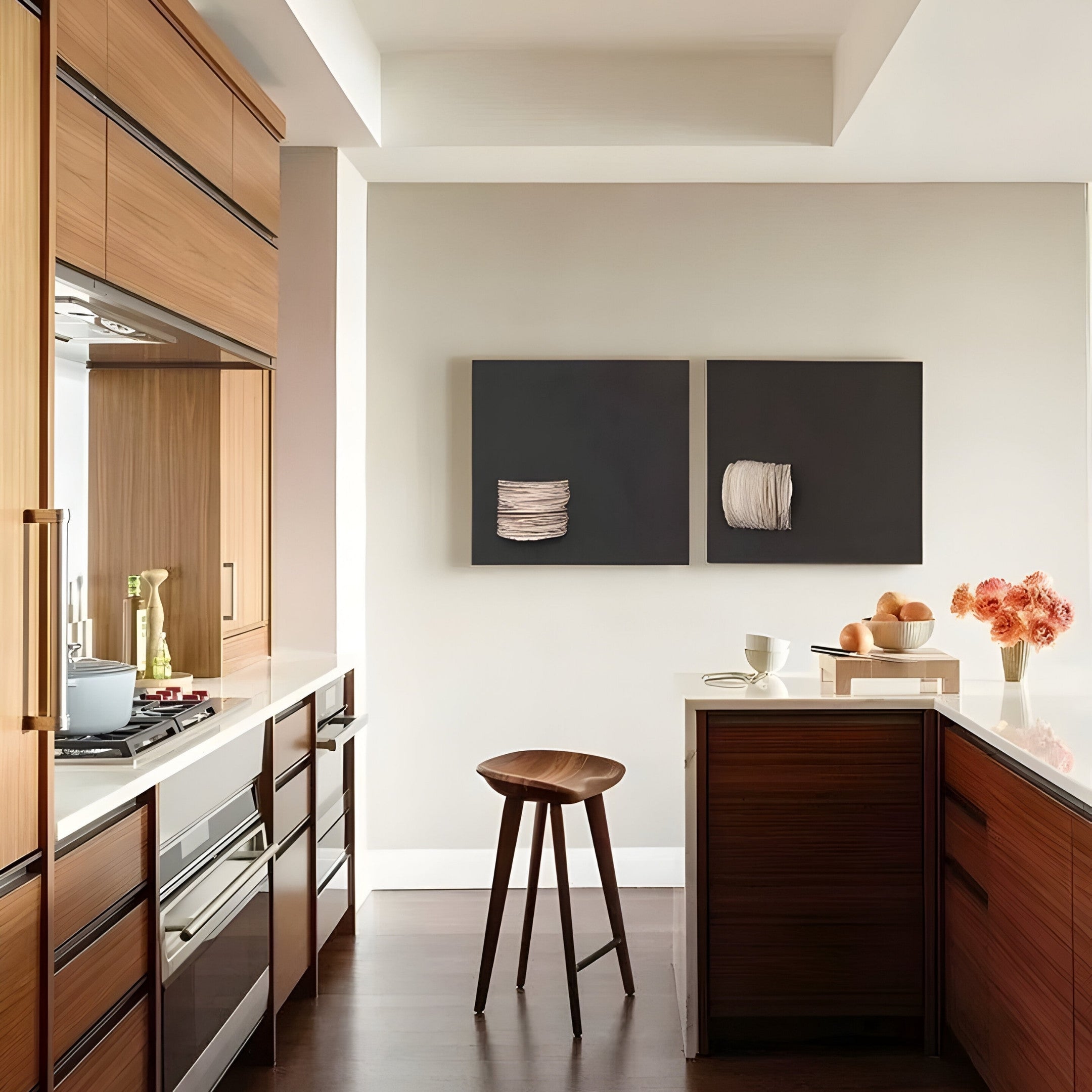 A modern kitchen features wooden cabinetry with white countertops, a sleek stool near the island, and a gray wall decorated with Modulus Black & White Duo Panel Abstract Wall Art by Giant Sculptures. A bowl of oranges, a cup, and bright flowers in a vase complete the scene.