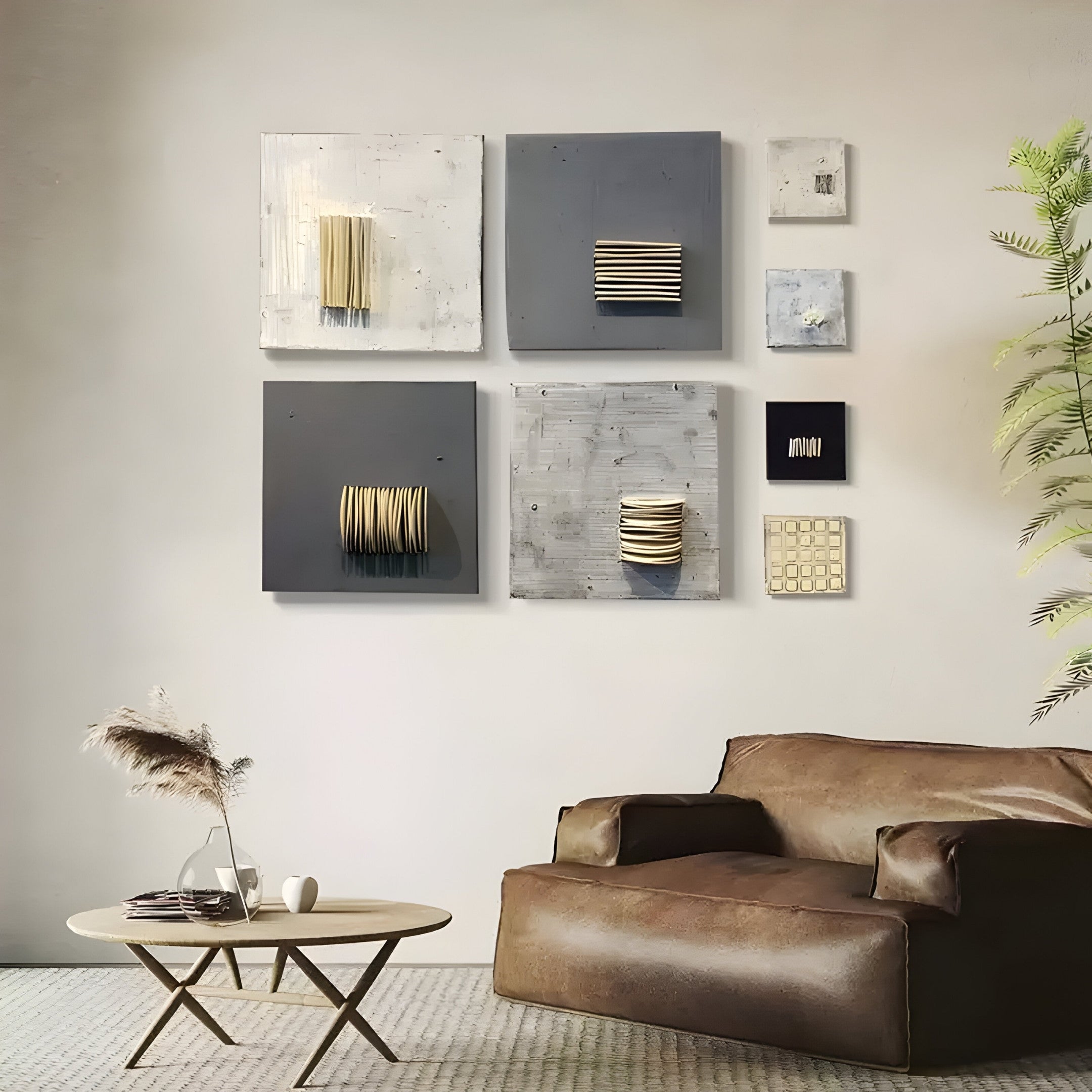 A modern living room features a brown leather couch, a round wooden coffee table, and the Giant Sculptures Modulus Neutral Toned Large Abstract Square Panels Set wall art with geometric shapes. A tall plant is in the corner, while a small vase with dried grasses sits on the table.