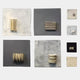 The Modulus Neutral Toned Large Abstract Square Panels Set Wall Art by Giant Sculptures includes nine square panels with raised, handcrafted textures in white, gray, and black, each featuring minimalist cylindrical or rectangular forms.