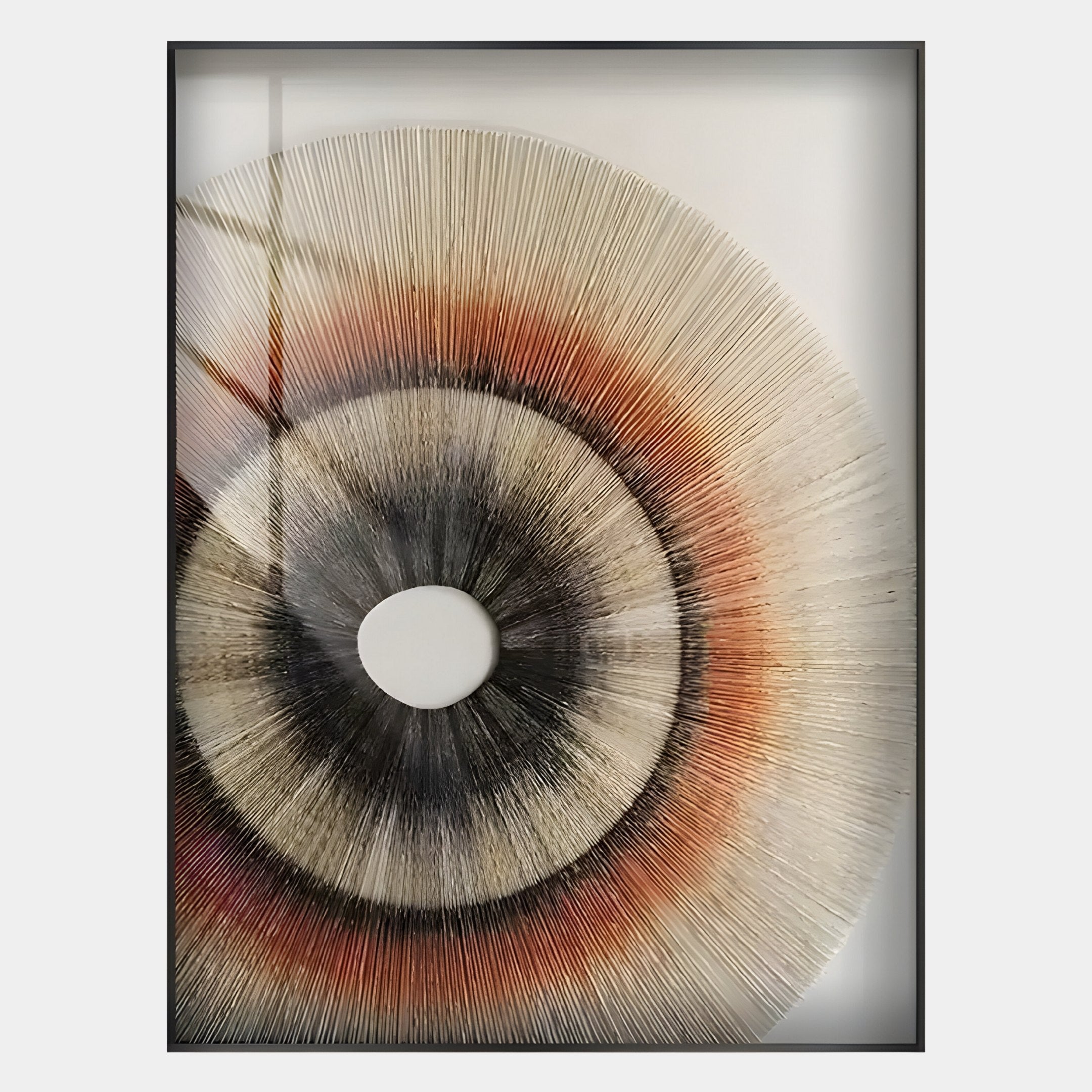 The Auralis Earthy Tone Concentric Circular Cardboard Craft Wall Art by Giant Sculptures features fine black, orange, and brown lines radiating from a white center—modern framed décor ideal for adding earthy tones to any room.