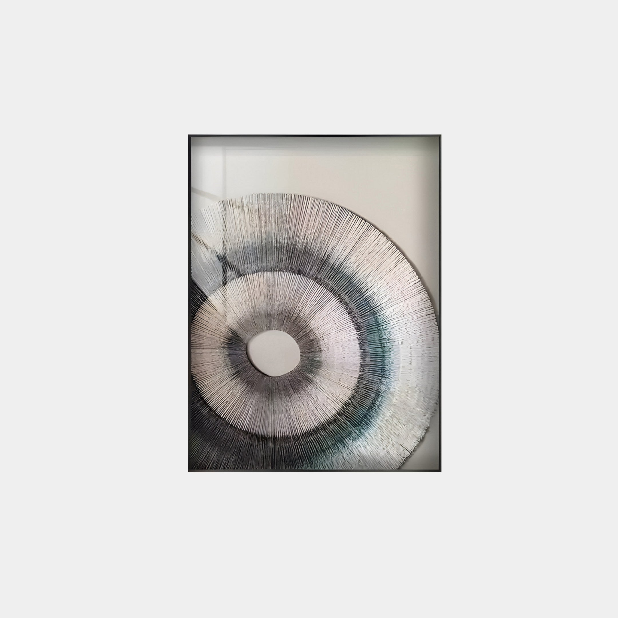 The Auralis Monochrome Concentric Circular Cardboard Craft Wall Art by Giant Sculptures features abstract black, white, and gray concentric lines spiraling elegantly on a textured background. Ideal for minimalist decor fans.