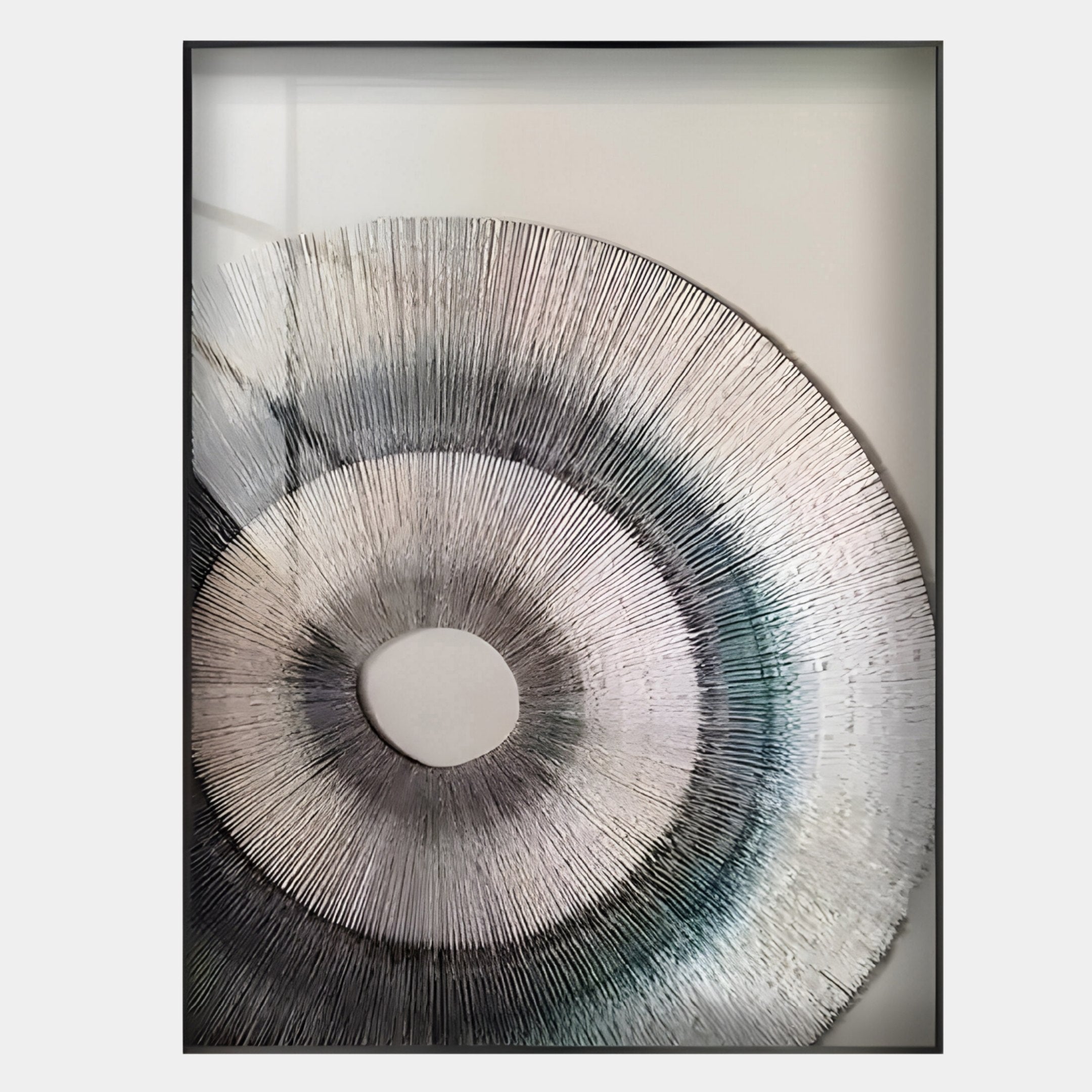 The Auralis Monochrome Concentric Circular Cardboard Craft Wall Art by Giant Sculptures features striking black and grey spiral lines on white, framed behind glass—ideal minimalist décor for modern spaces.
