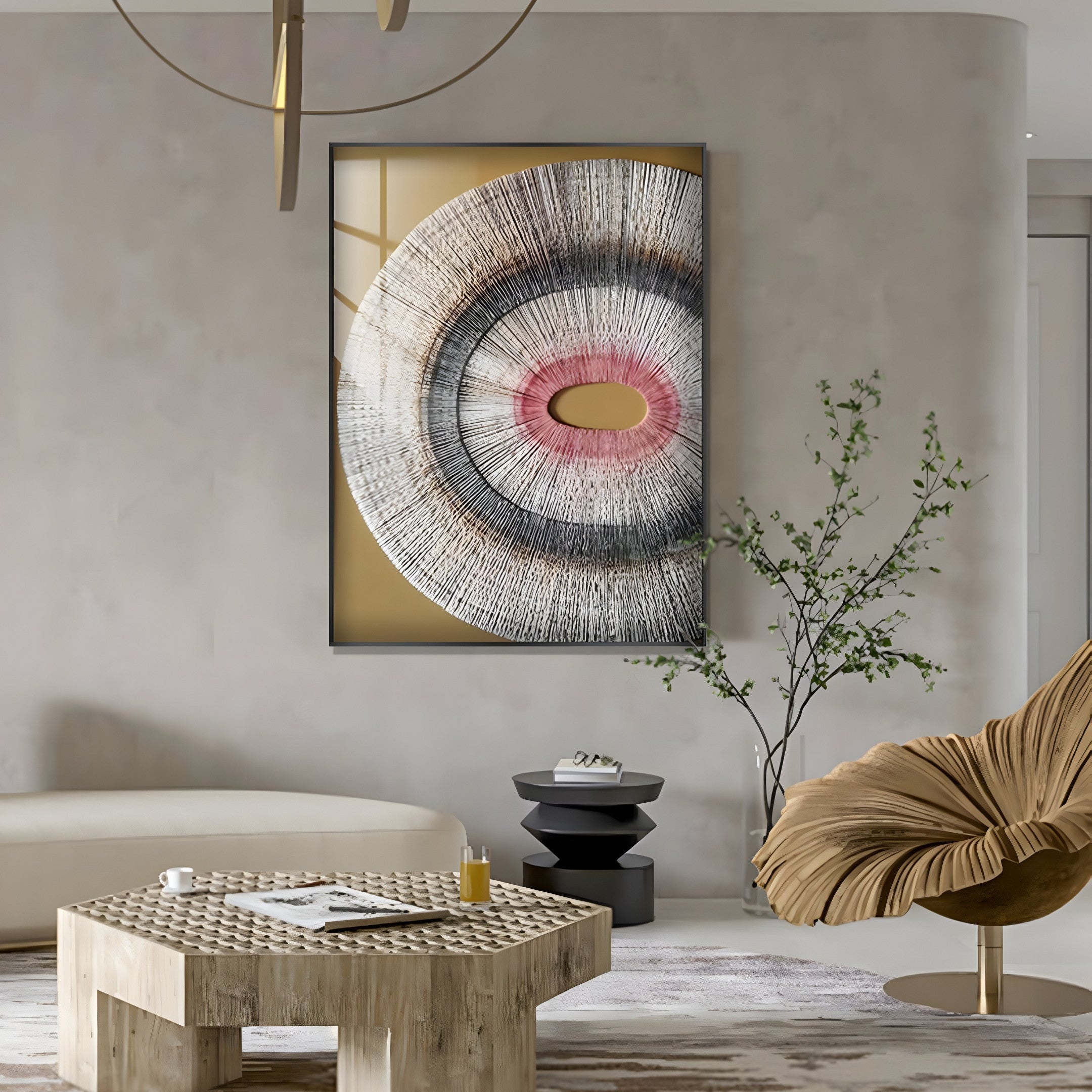 The modern living room showcases the Auralis Pink Accent Concentric Circular Cardboard Craft Wall Art by Giant Sculptures, featuring a beige sofa, wooden coffee table, sculpted chair, and small tree. Its neutral tones and stylish decor embody contemporary interiors.