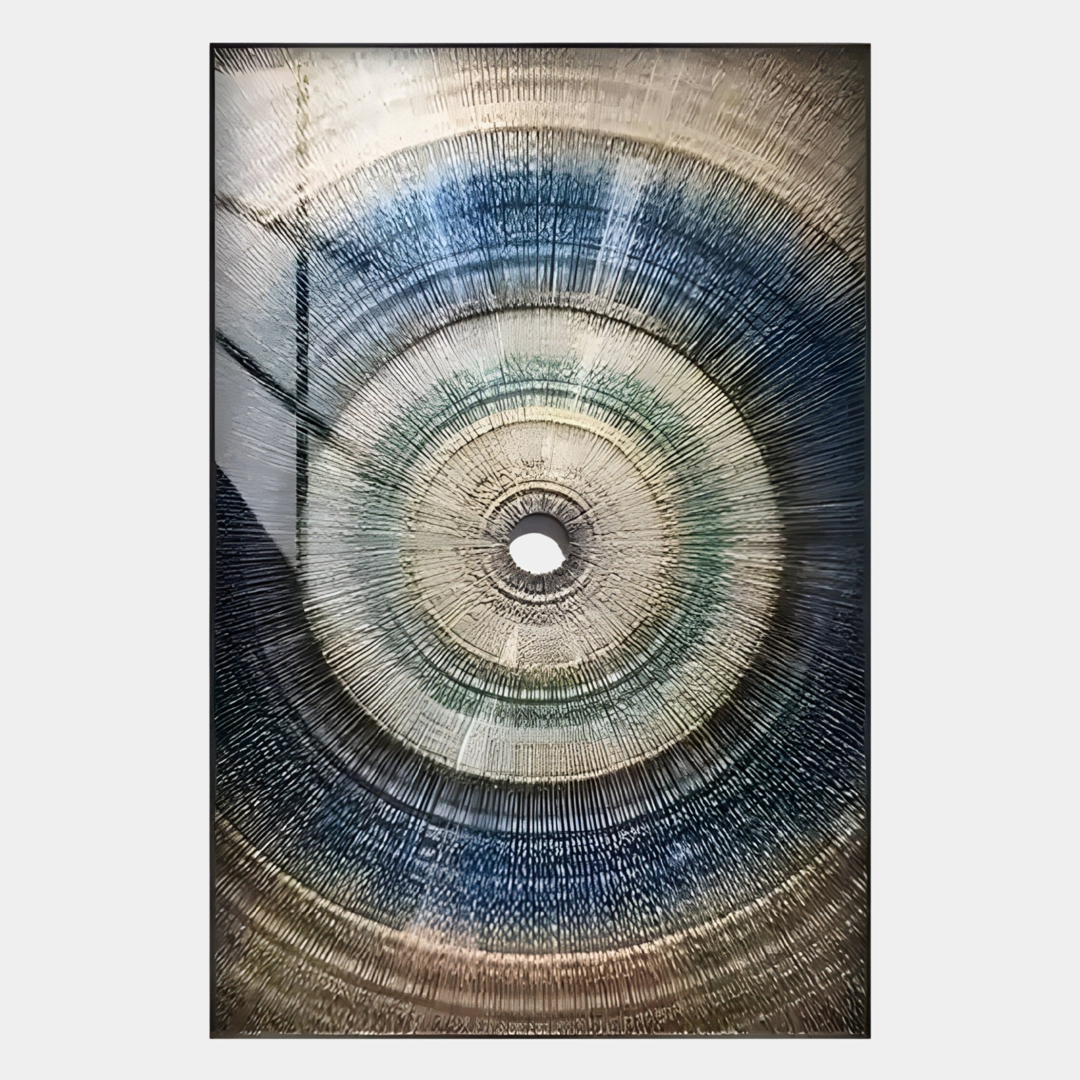 The Auralis Blue Gradient Concentric Circular Cardboard Craft Wall Art by Giant Sculptures features abstract rings in blue, white, and beige with a central hole and textured lines for a hypnotic, optical illusion effect.