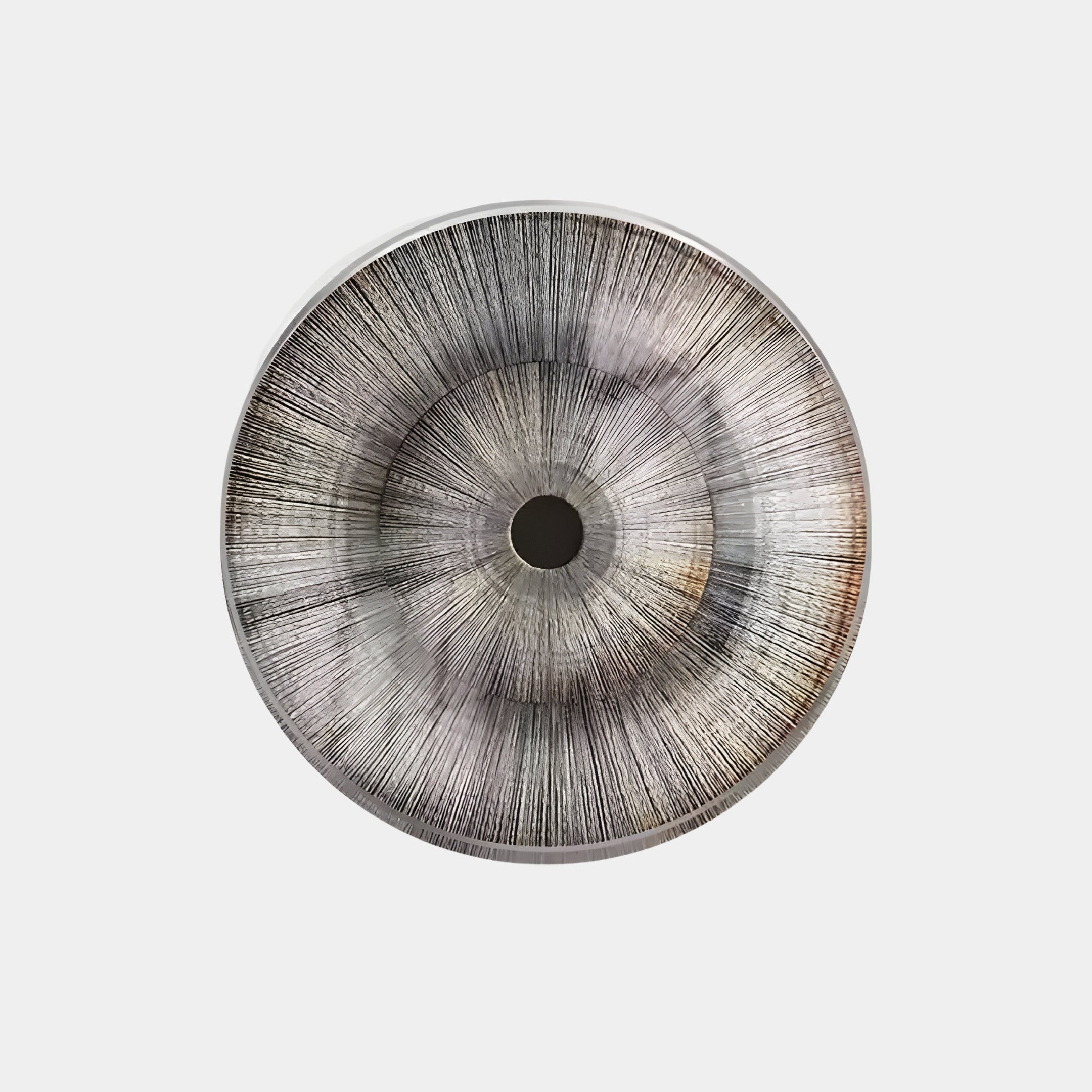 The Oculis Warm Neutral Circular Handmade 3D Paper Wall Art by Giant Sculptures is an eye-like piece featuring a central black circle and radiating gray and brown textured lines, adding depth against a plain white backdrop.