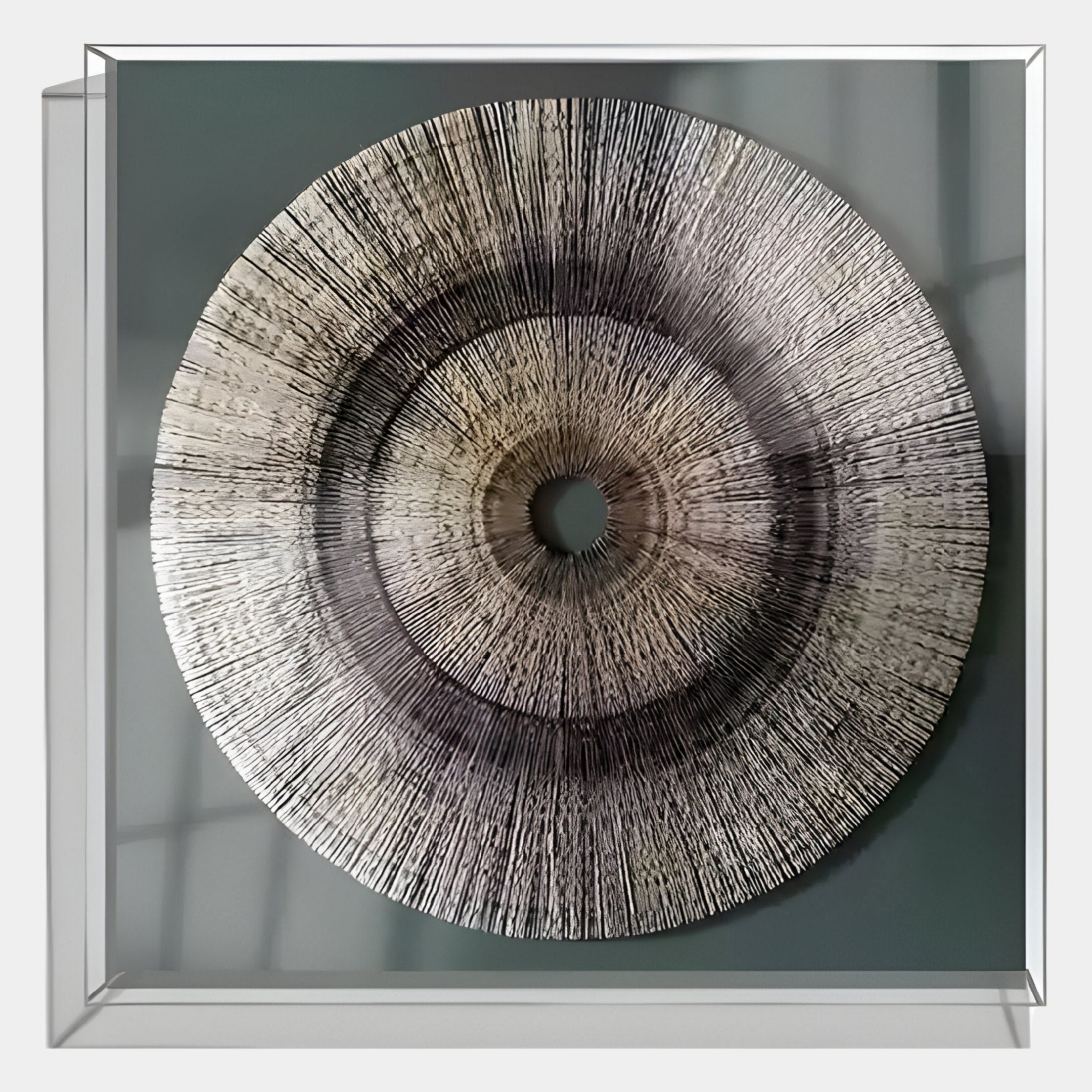 The Oculis Neutral Depth Square Handmade 3D Paper Wall Art by Giant Sculptures features radiating black lines on gray, handmade for a sunburst effect and mounted in an elegant transparent shadow box frame.