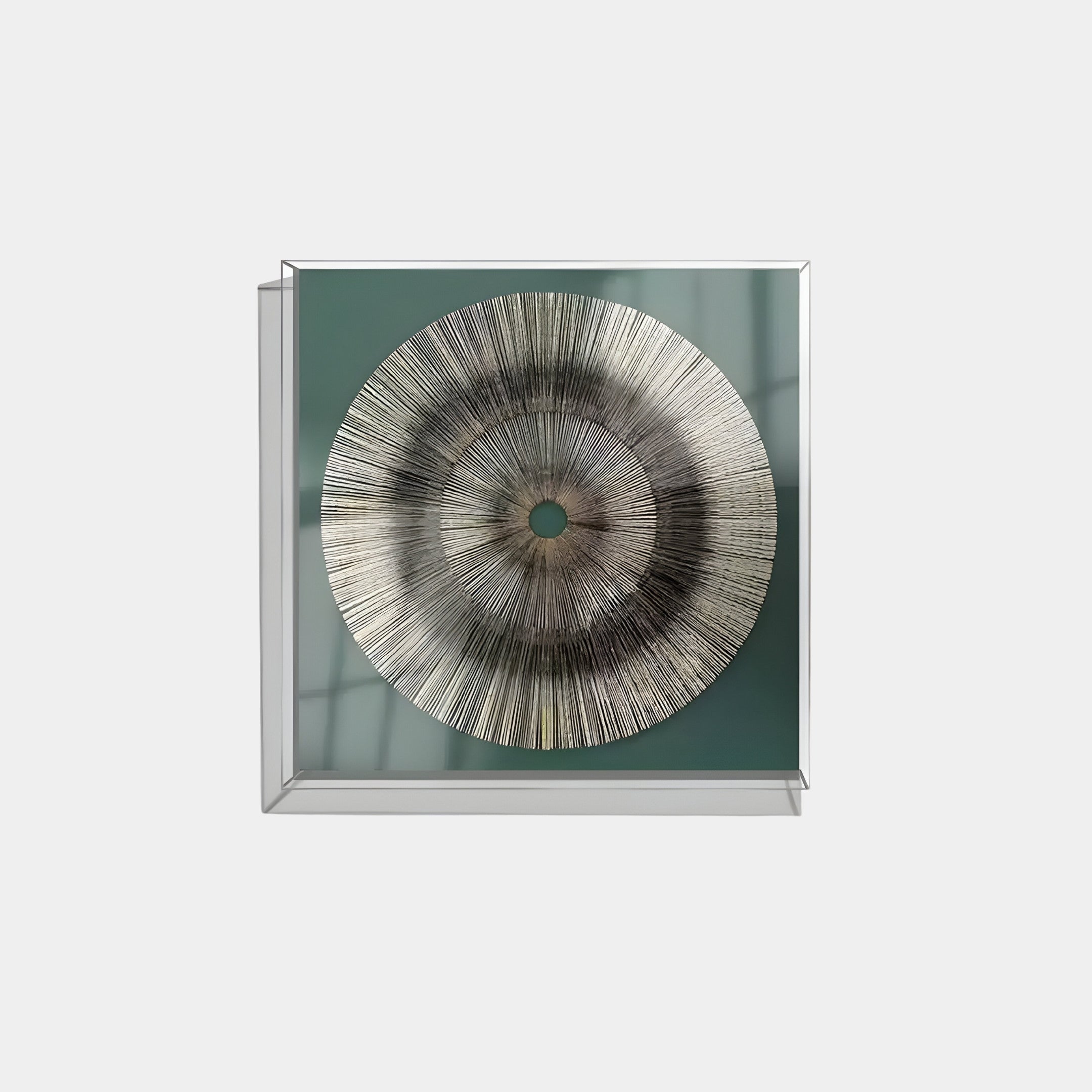 The Oculis Emerald Horizon Square Handmade 3D Paper Wall Art by Giant Sculptures features a circular design with concentric silver rods on a light background in a glass frame, casting delicate shadows.