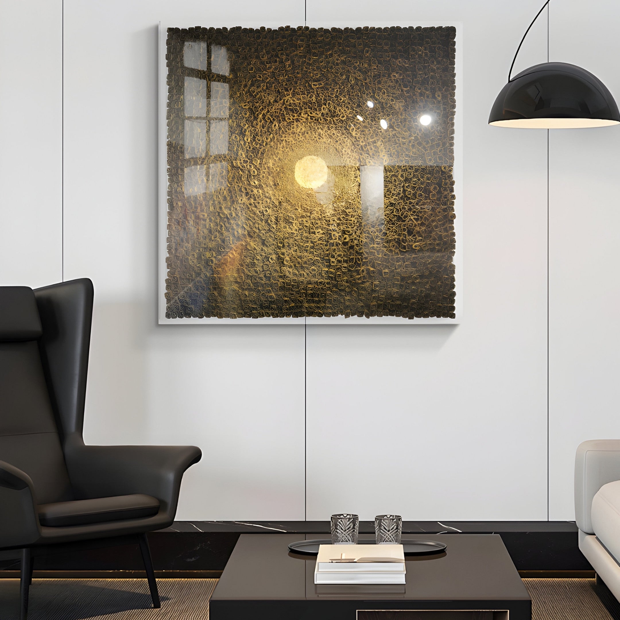 A modern living room showcases a high-backed black chair, a sleek coffee table adorned with two decorative items, and TerraLuma Golden Bloom Paper Craft 3D Wall Art by Giant Sculptures. A black pendant lamp hangs above, casting gentle light on the neutral decor.