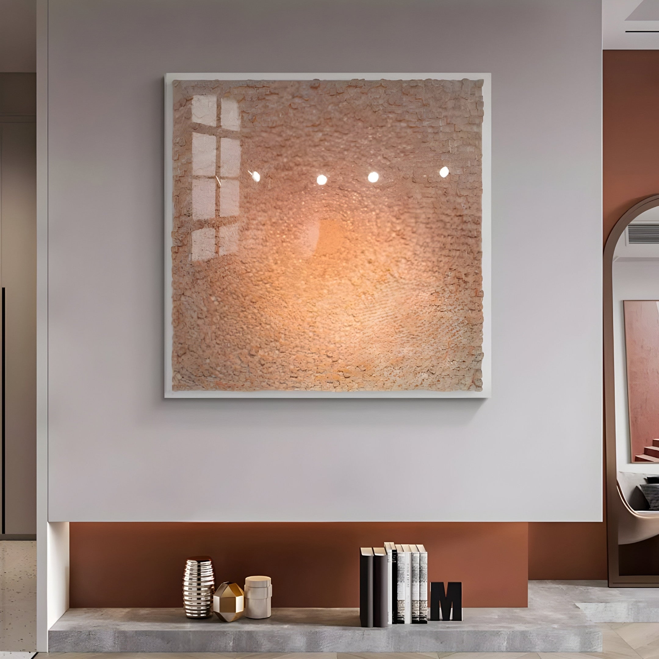 A modern living room features a TerraLuma Sunlit Blossom 3D Wall Art by Giant Sculptures, hanging above a sleek mantle. The mantle is adorned with decorative items like books and small vases, while soft, warm lighting enhances the cozy ambiance.