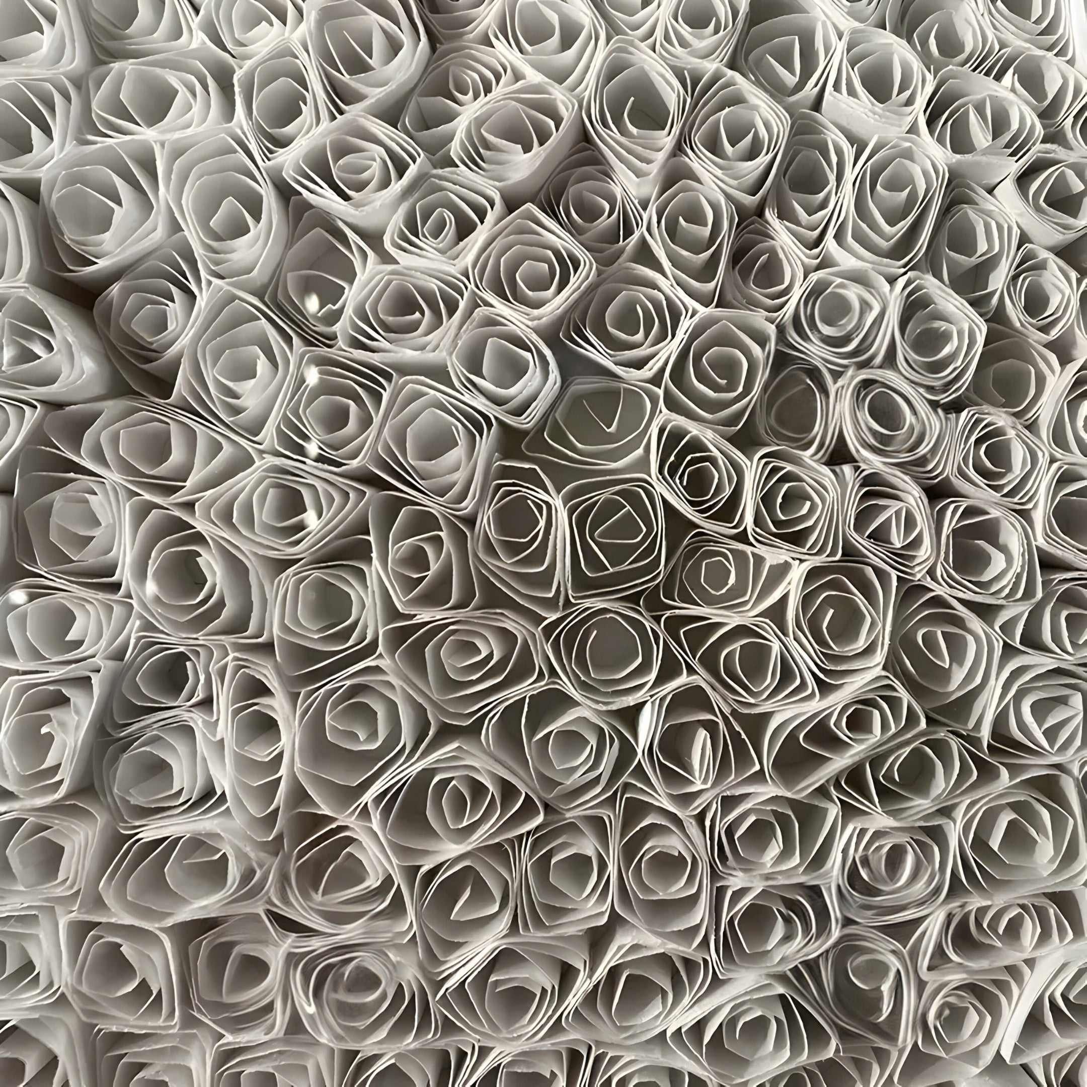 The TerraLuma Ivory White Bloom Paper Craft 3D Wall Art by Giant Sculptures features numerous tightly rolled paper tubes arranged in a dense, overlapping pattern, creating intricate textures reminiscent of blooming roses or a lattice-like structure.