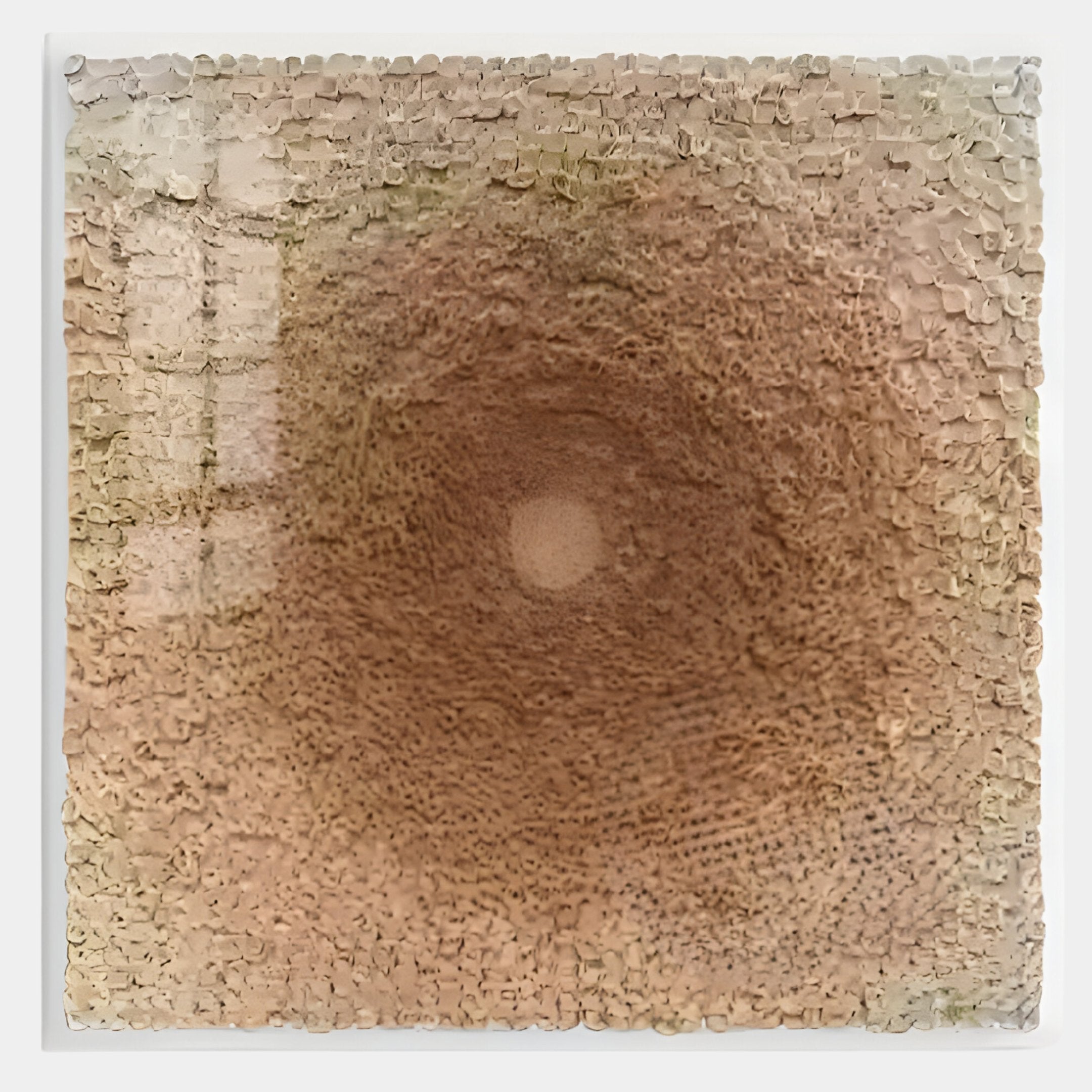 The TerraLuma Amber Halo Bloom Paper Craft 3D Wall Art by Giant Sculptures features a central circular motif in rich browns on a grid-like, raised surface, adding tactile dimension ideal for contemporary interiors.