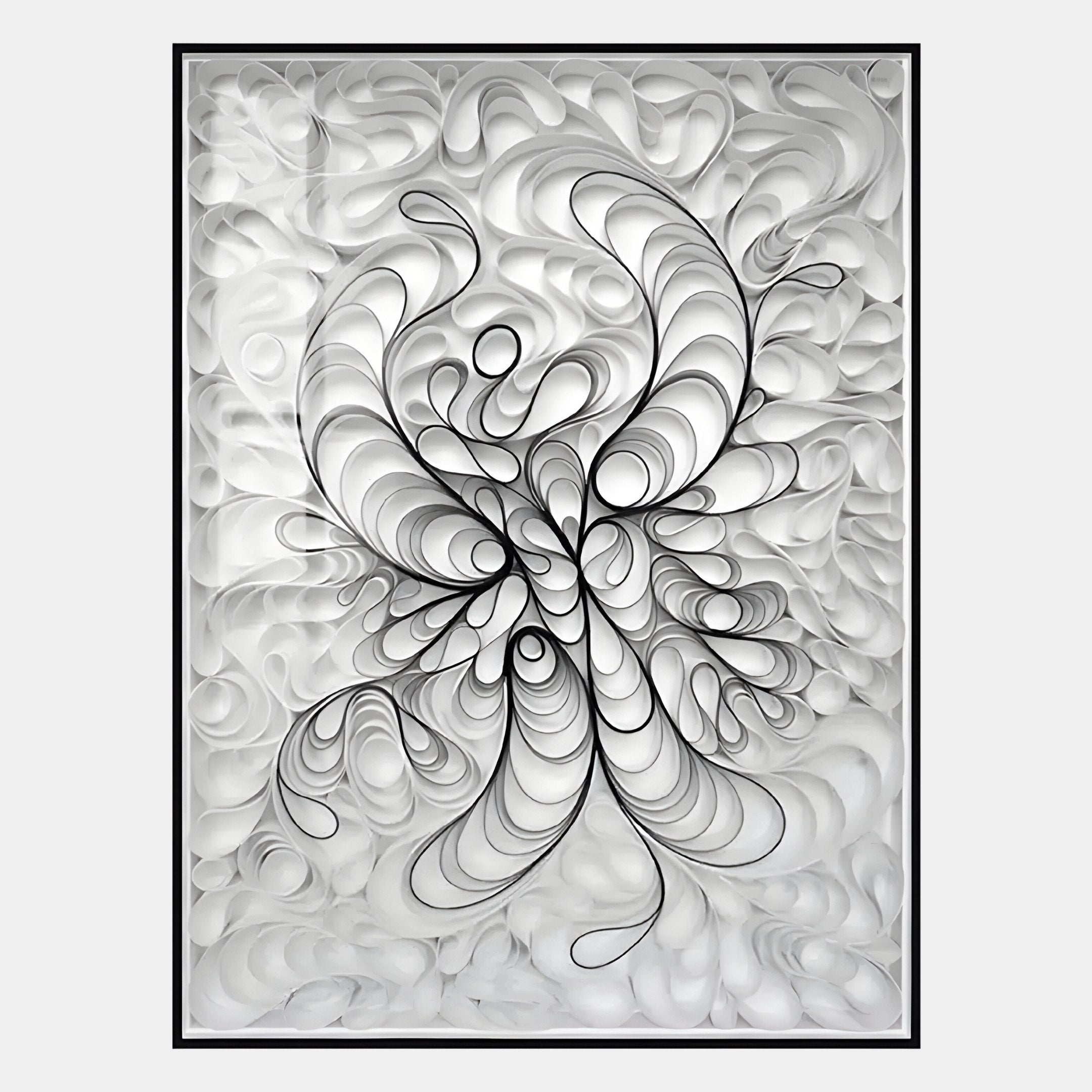 The Filigree Monochrome Swirl Quilling Paper Wall Art by Giant Sculptures features intricate black paper swirls layered on a textured white background, creating dynamic depth and movement within a sleek rectangular frame.