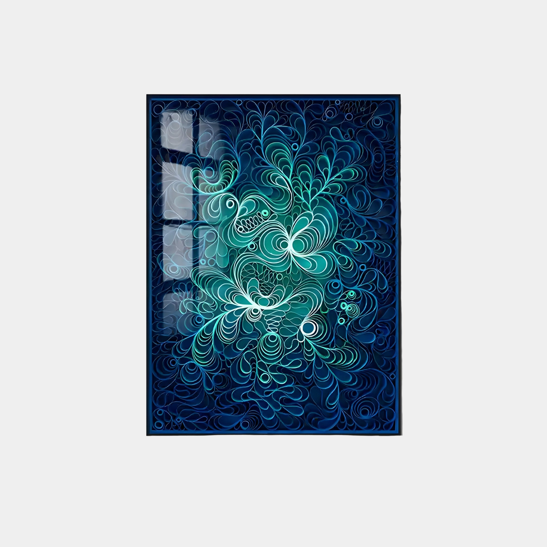 The Filigree Azure Blossom Quilling Paper Wall Art by Giant Sculptures features intricate handmade paper art with swirling blue and green patterns like ocean waves or floral designs, set against a deep blue background that enhances its fluid motion.