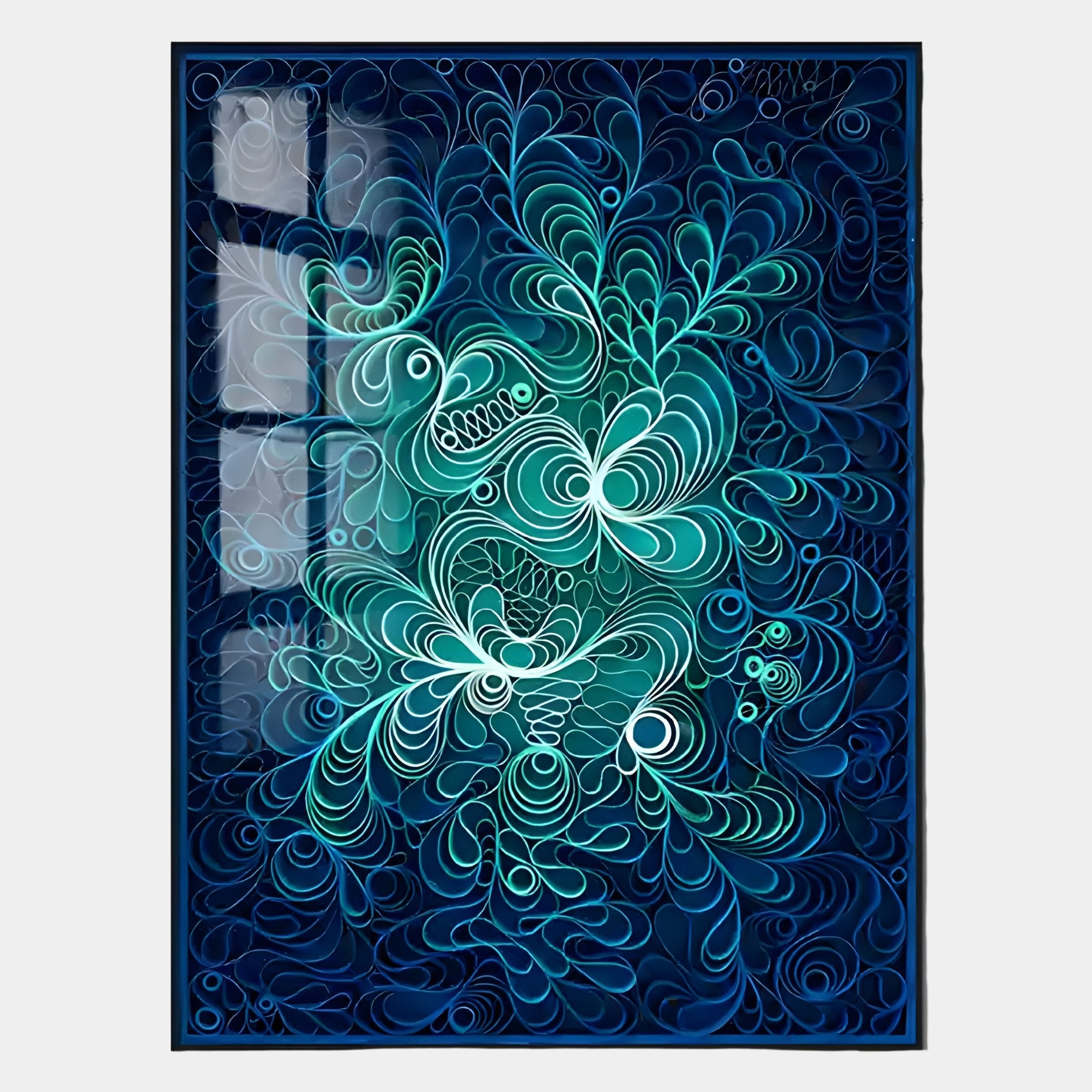 The Filigree Azure Blossom Quilling Paper Wall Art by Giant Sculptures features abstract swirling teal, green, and blue lines on a dark background with window light reflections on the left side of the framed piece.