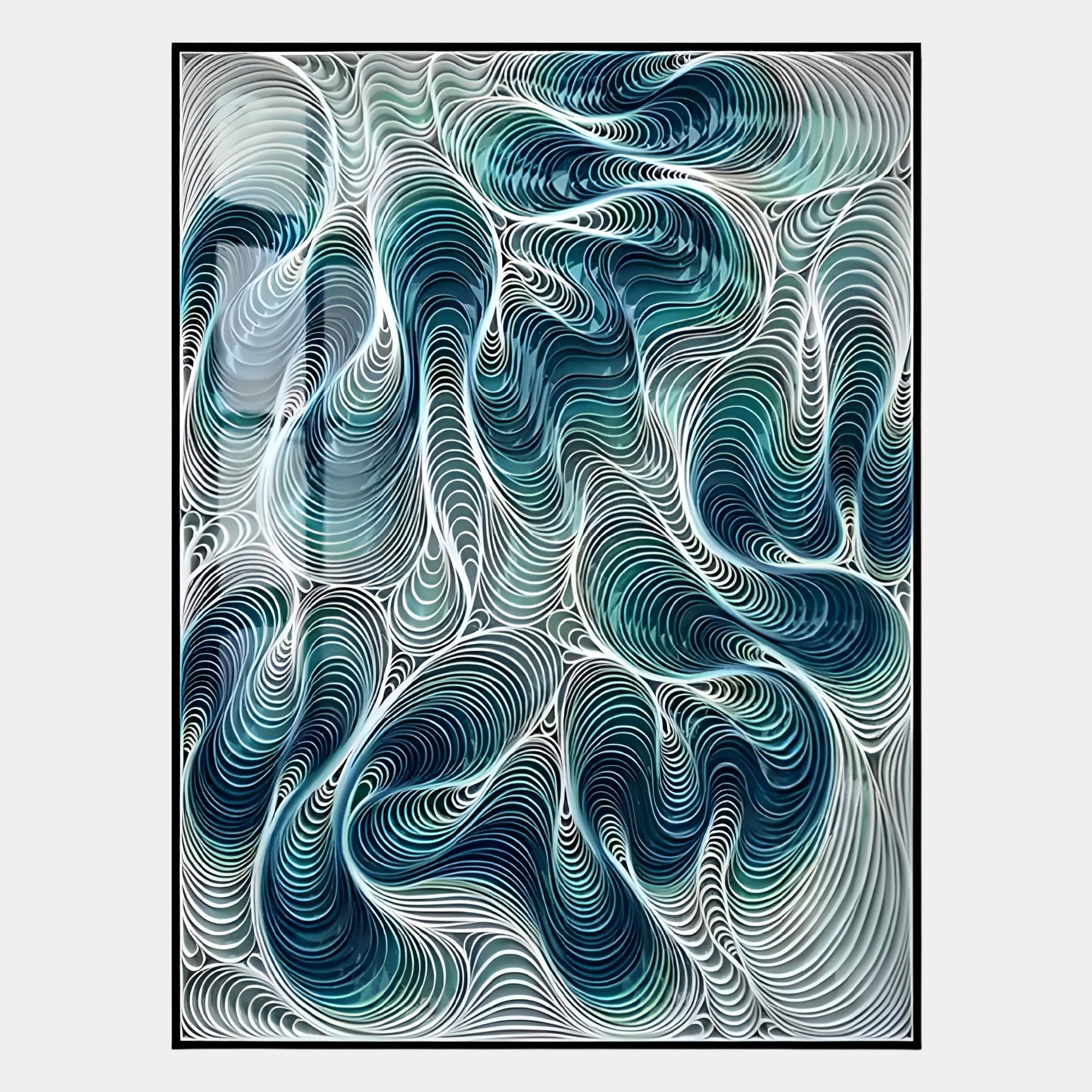 Filigree Ocean Waves Quilling Paper Wall Art by Giant Sculptures features swirling blue, green, and white layered lines evoking ocean motion—its dynamic texture makes it ideal coastal decor for any space.