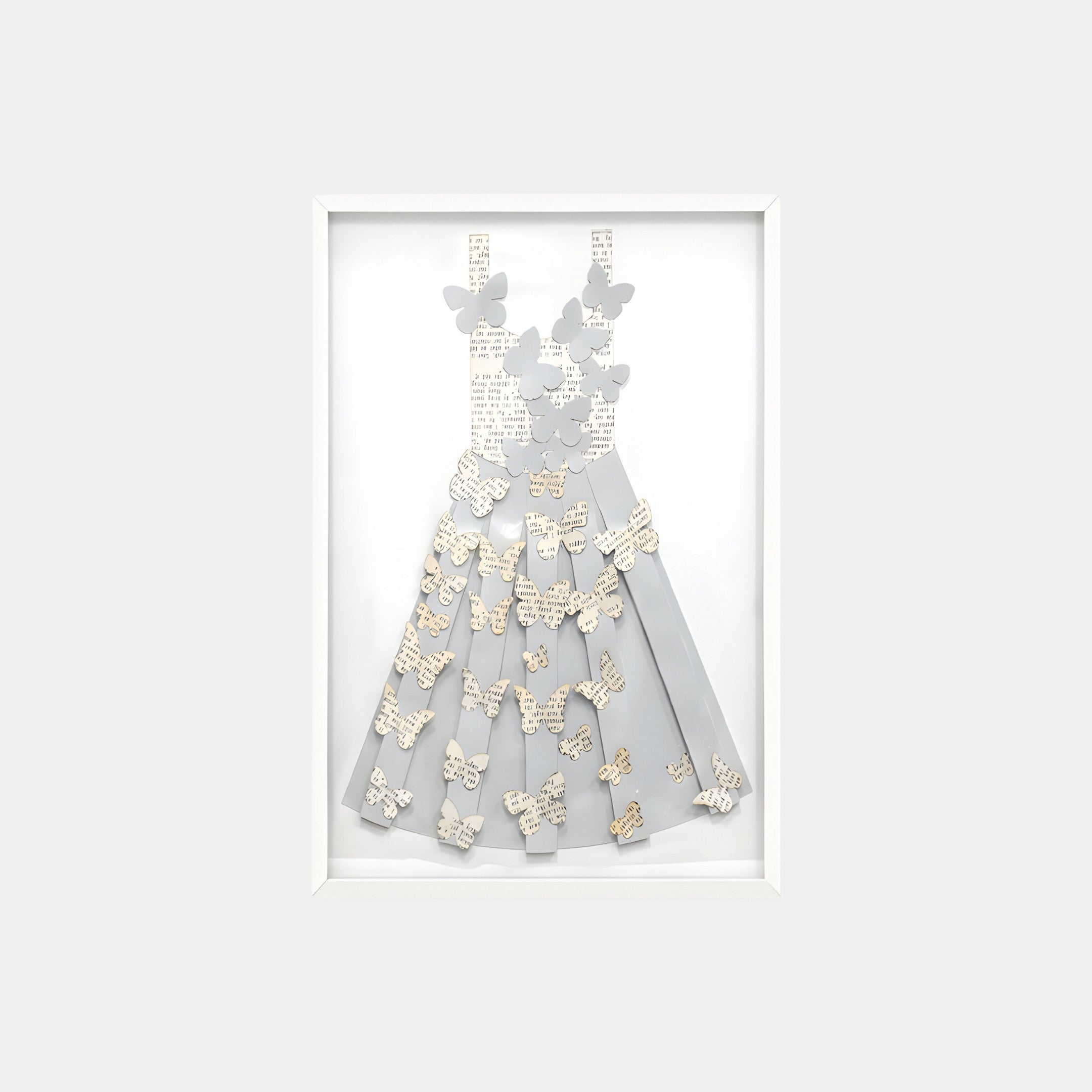 The Flutter Grey & White Butterfly Dress 3D Wall Art by Giant Sculptures features a stunning butterfly dress crafted from paper with intricate text cutouts, highlighting handmade artistry in light gray with cream accents against a white background.