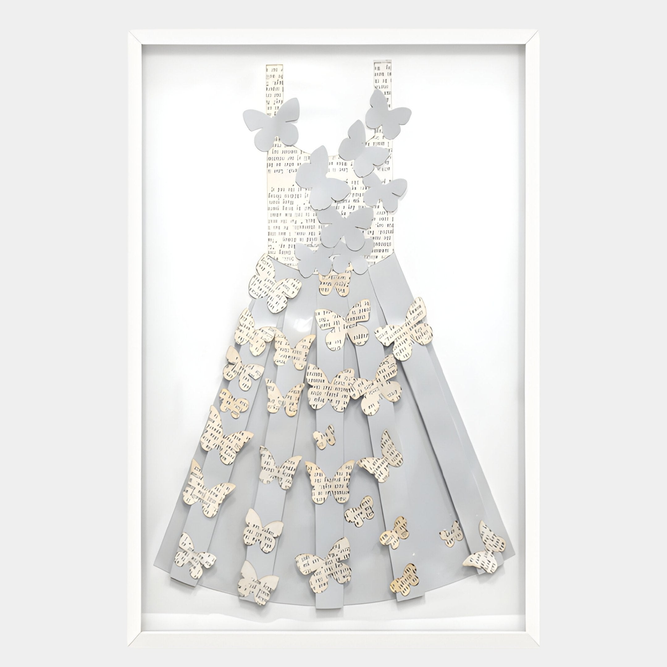 The Flutter Grey & White Butterfly Dress 3D Wall Art by Giant Sculptures features handmade gray and cream paper butterflies fluttering off a dress, creating stunning, framed butterfly wall art.